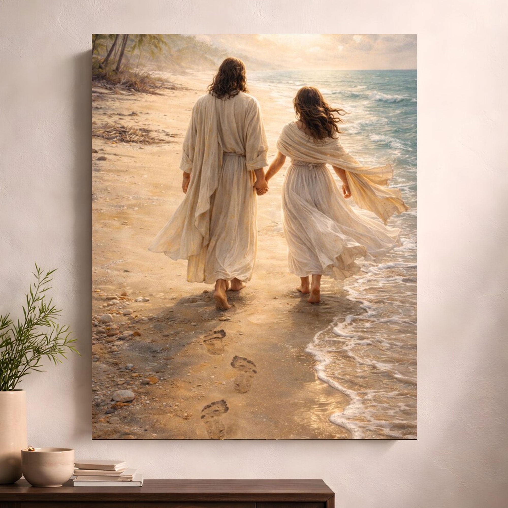 He Walks With Her Canvas Print, Jesus Christ Portrait, Faith Beach Scene Wall Art, Christian Decor Gift