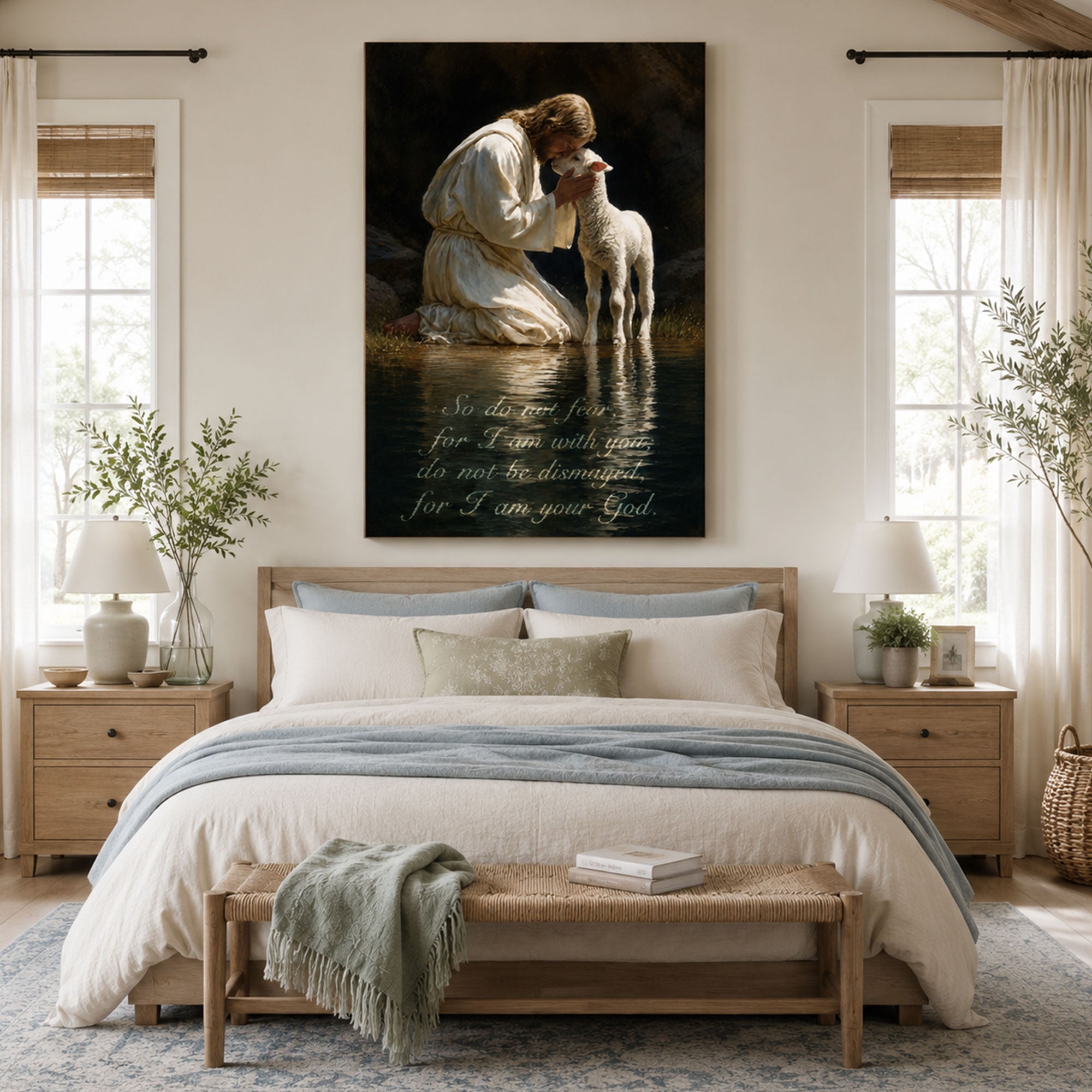 Jesus and Lamb Canvas Print, Good Shepherd Christian Wall Art, Peaceful Faith Home Decor