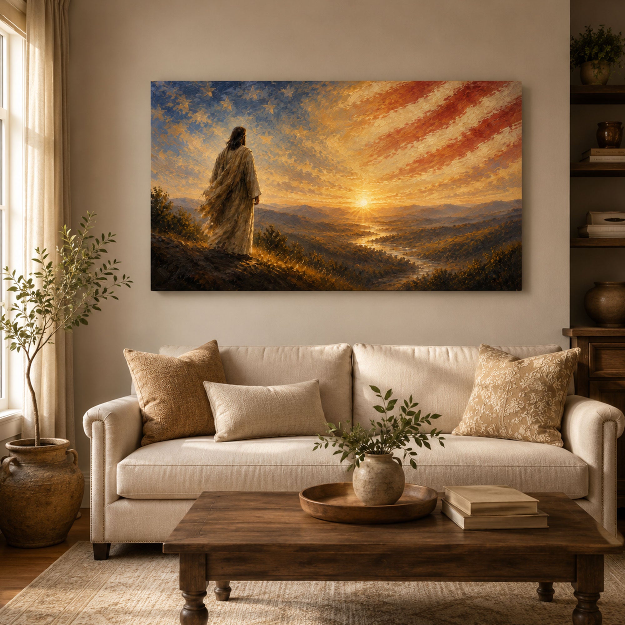 Jesus Over America Canvas Print, Patriotic Christian Wall Art, Faith and Freedom Home Decor