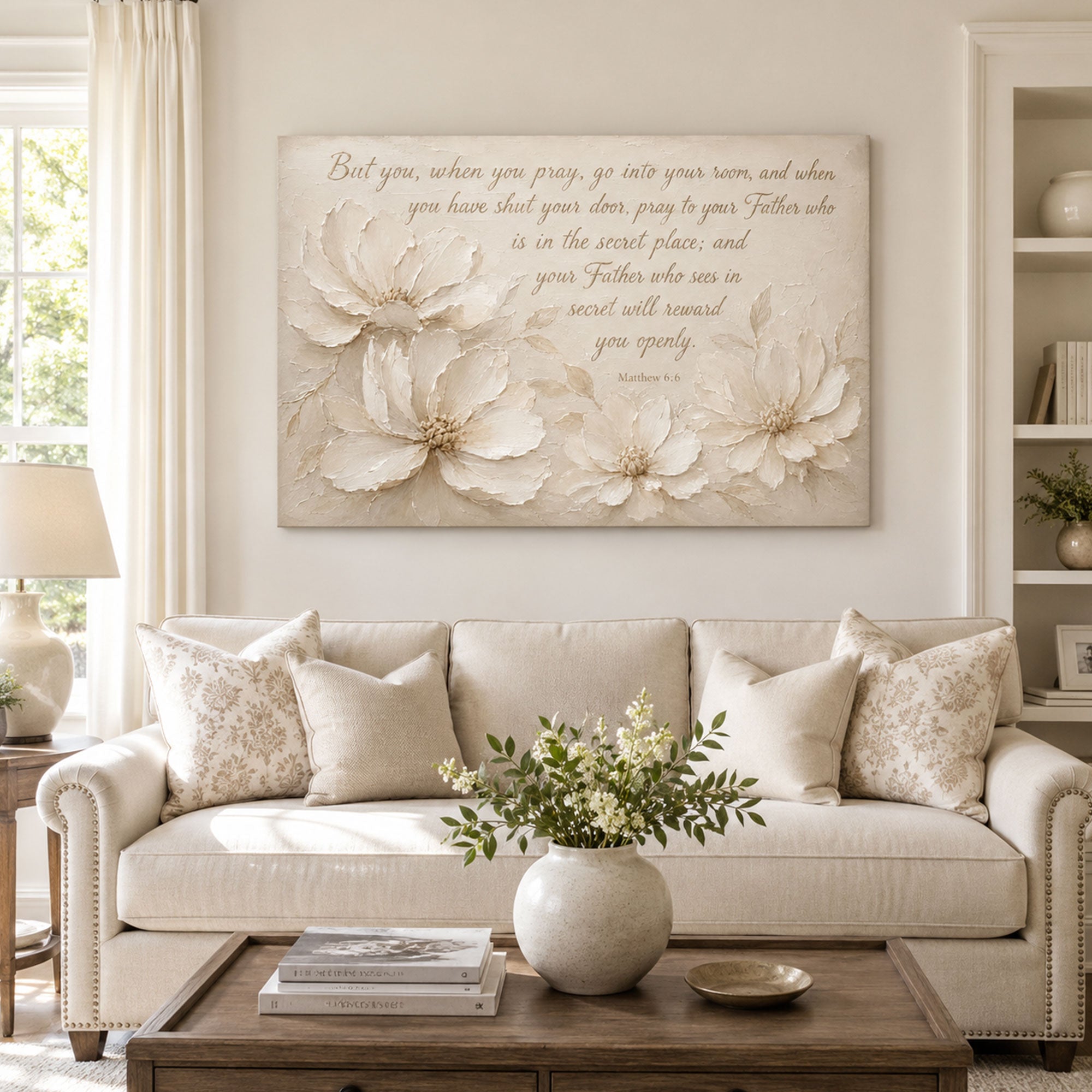 Matthew 6:6 Secret Place Prayer Canvas Print, Neutral Floral Christian Decor