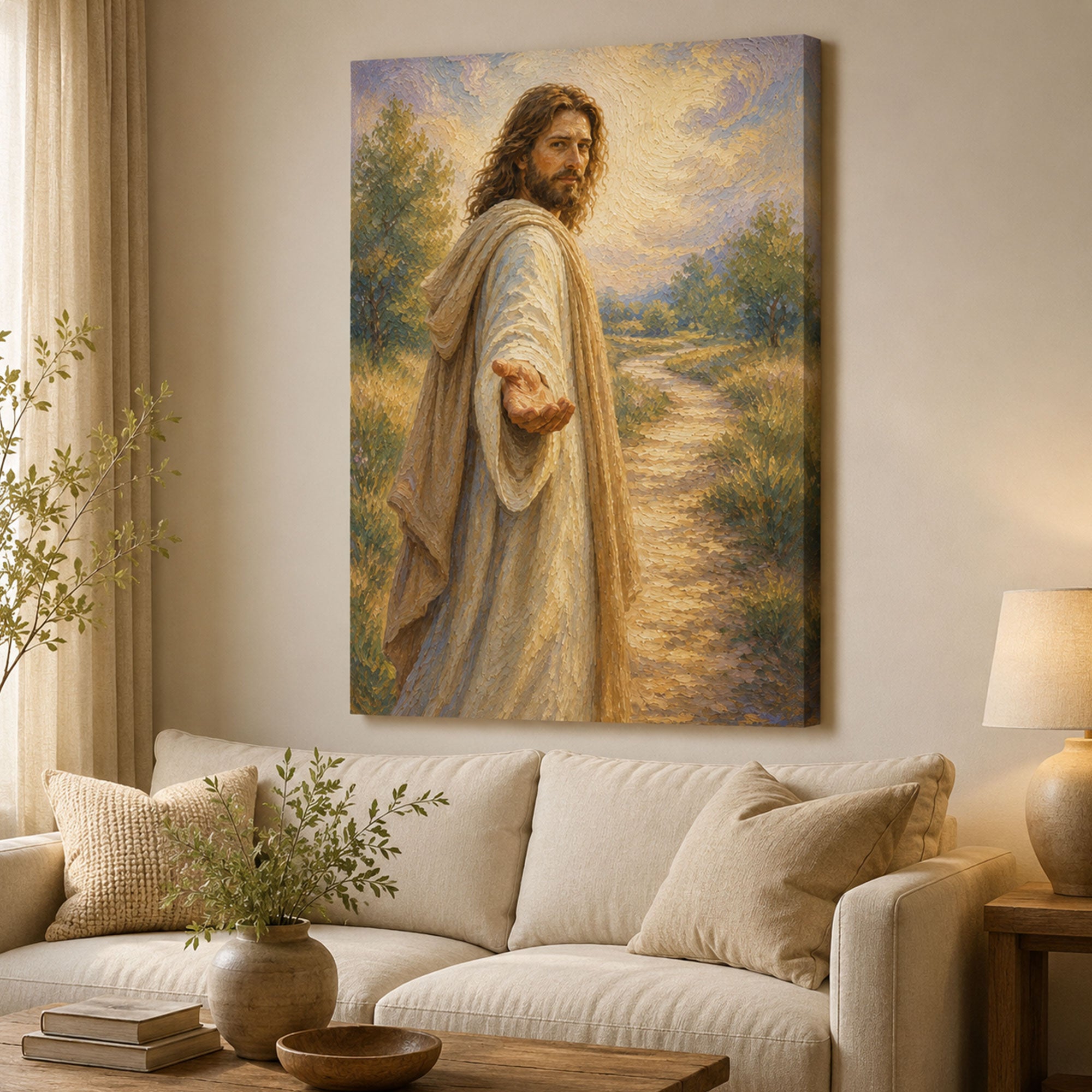 Jesus Reaching Out Canvas Print, Follow Me Christian Wall Art, Peaceful Faith Home Decor