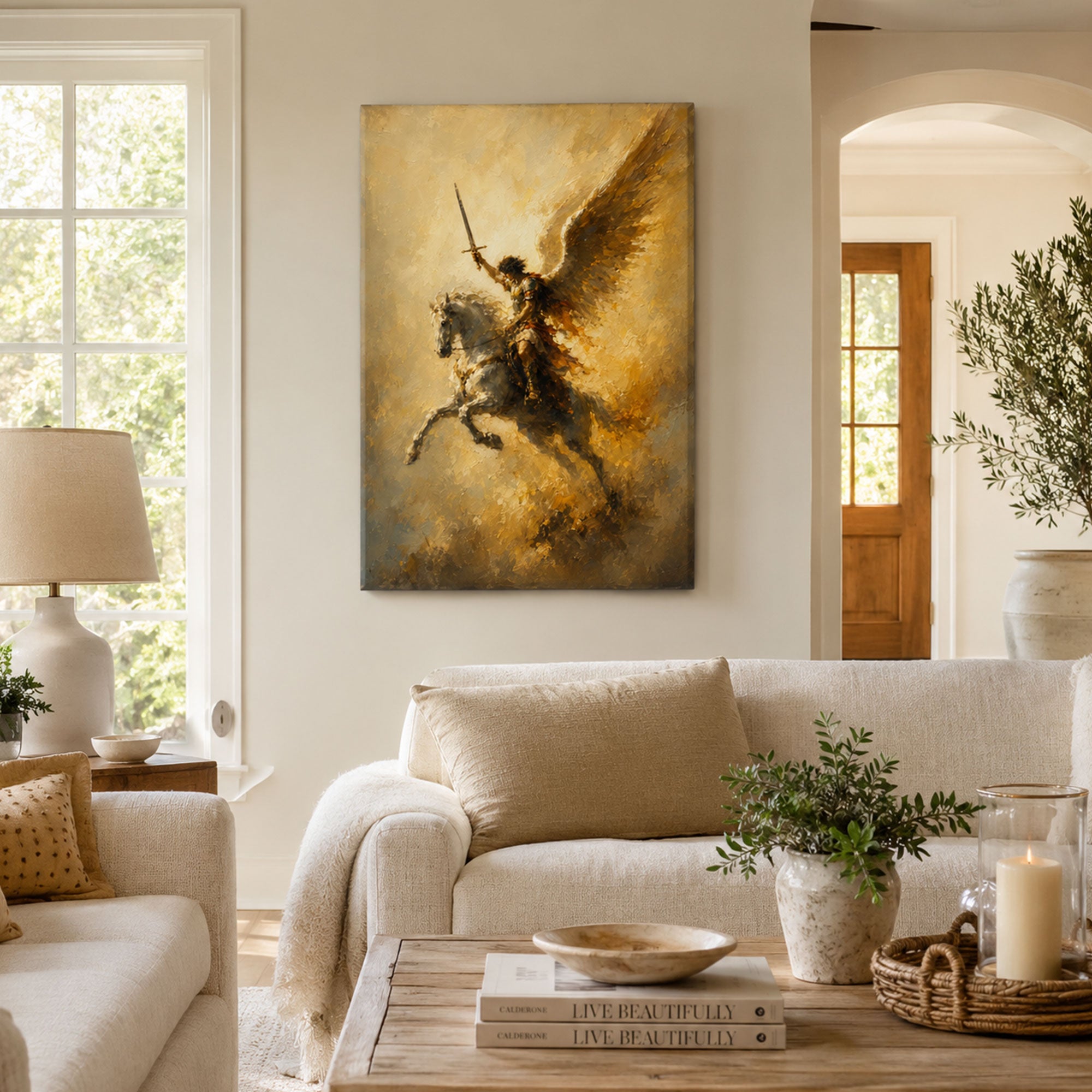 Saint Michael the Archangel on Horseback Canvas Print, Heavenly Warrior Catholic Wall Decor, Protection Faith Gift