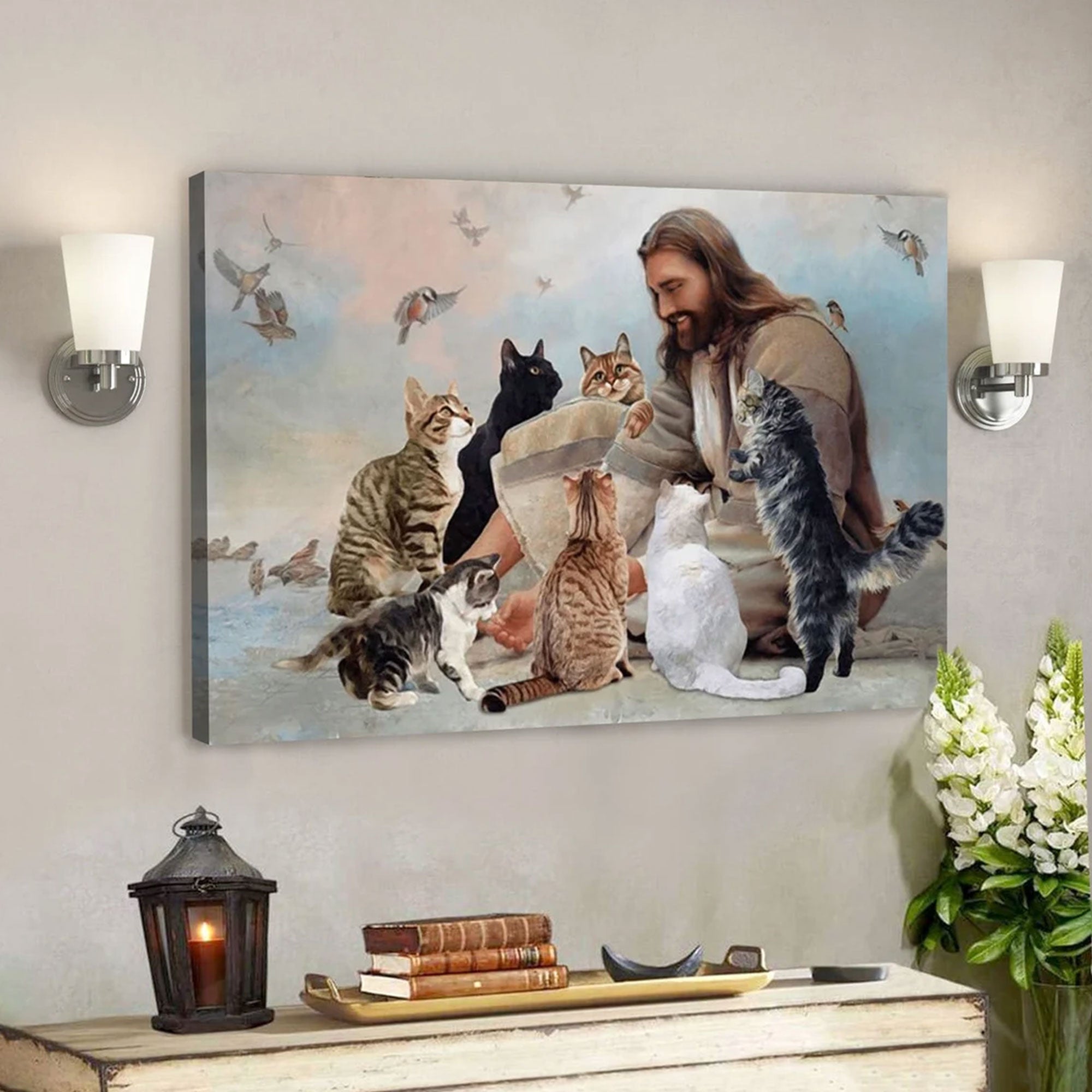 Jesus with Cats Canvas Art, Christian Landscape Wall Decor, Faith Inspired Pet Lover Gift