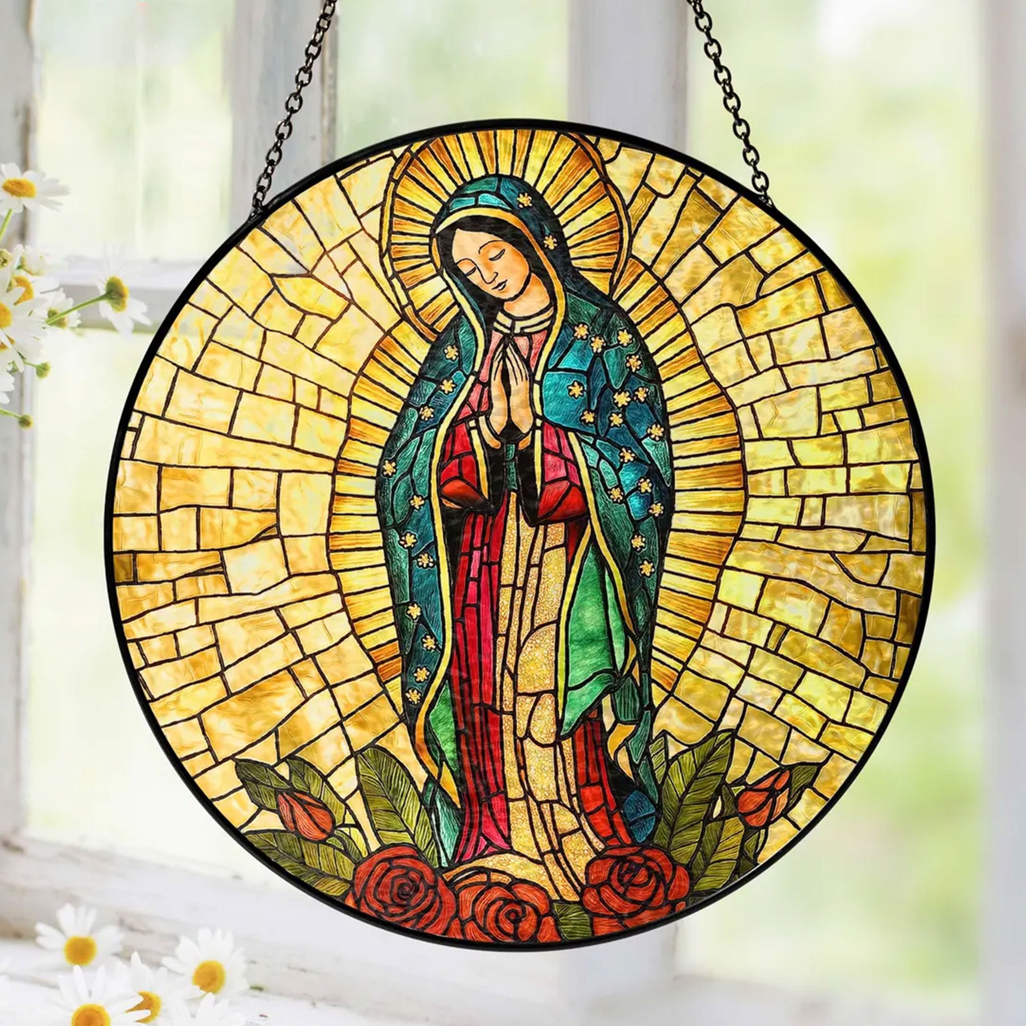 Our Lady of Guadalupe Stained Glass Suncatcher, Virgin Mary Catholic Window Hanging, Blessed Mother Religious Gift