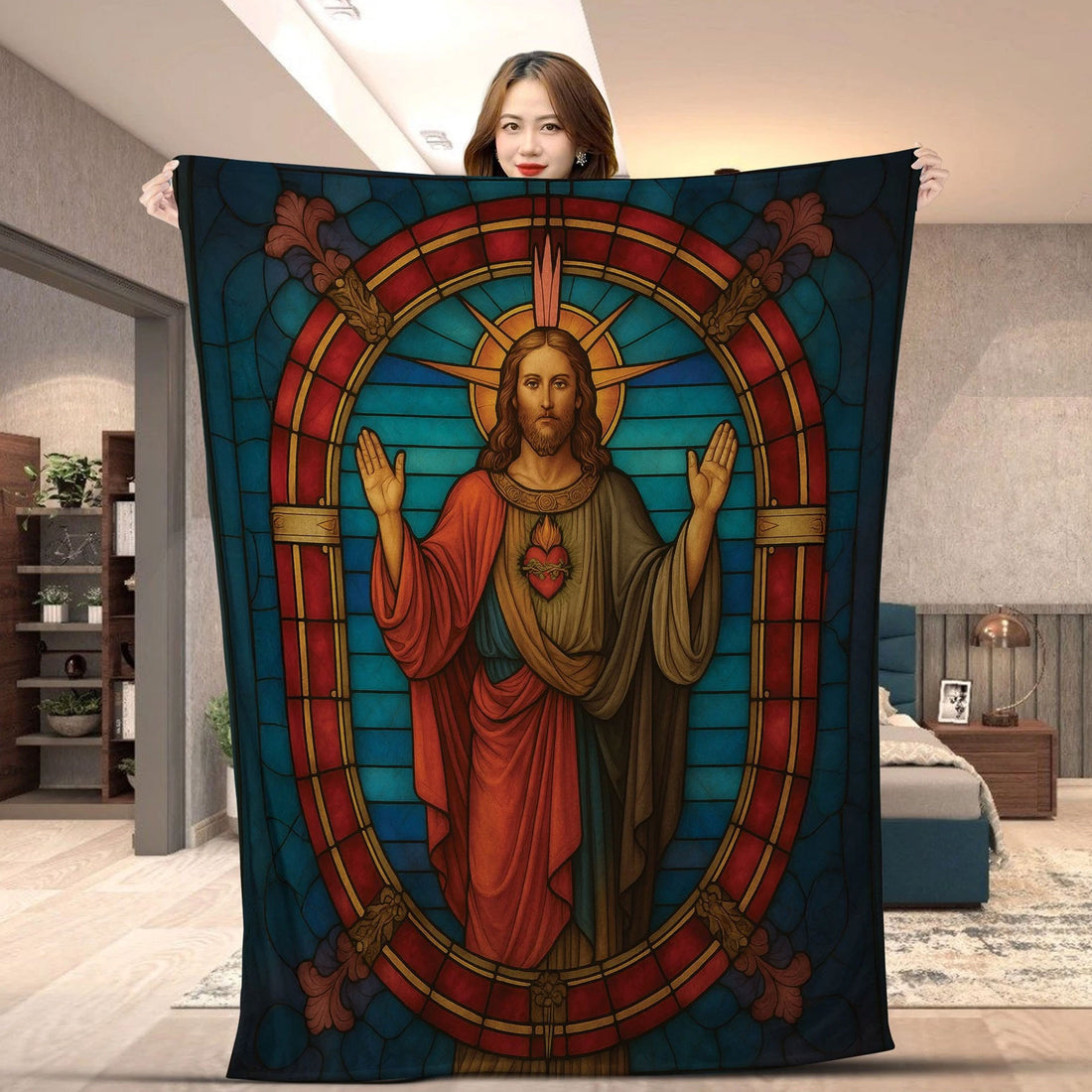 Sacred Heart Jesus Christ Fleece Blanket, Stained Glass Faith Throw, Christian Religious Gift, Inspirational Home Decor