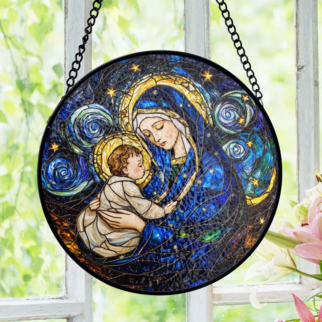 Virgin Mary and Baby Jesus Suncatcher, Starry Night Catholic Window Hanging, Christian Gift for Mom