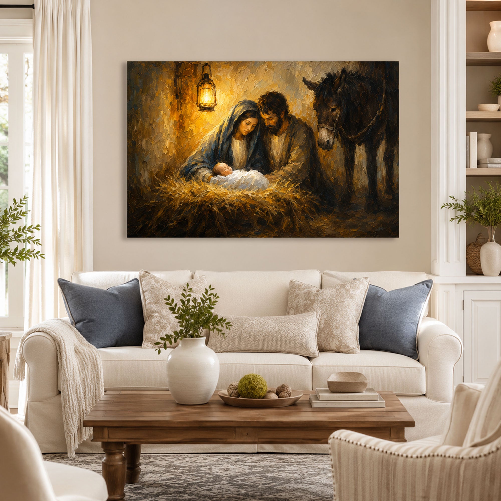 Holy Family by Lantern Light Canvas Print, Rustic Nativity Catholic Decor