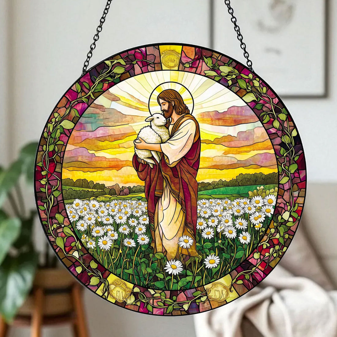 Jesus Holding Lamb Stained Glass Suncatcher, Floral Christian Window Hanging, Faith Home Decor