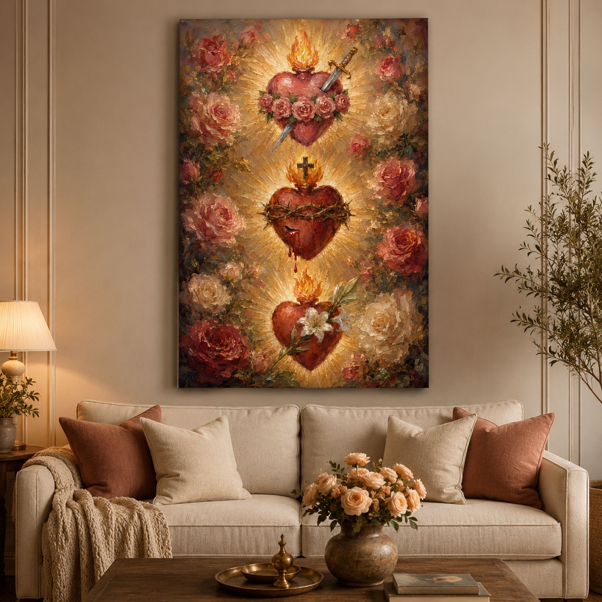 Three Sacred Hearts Canvas Print, Sacred Heart of Jesus Immaculate Heart of Mary and Saint Joseph Catholic Wall Art Religious Home Decor