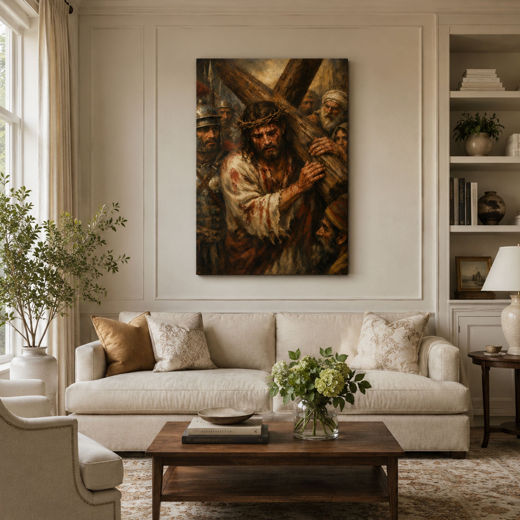 Jesus Carrying the Cross Canvas Print, Passion of Christ Catholic Wall Art, Christian Faith Home Decor Gift