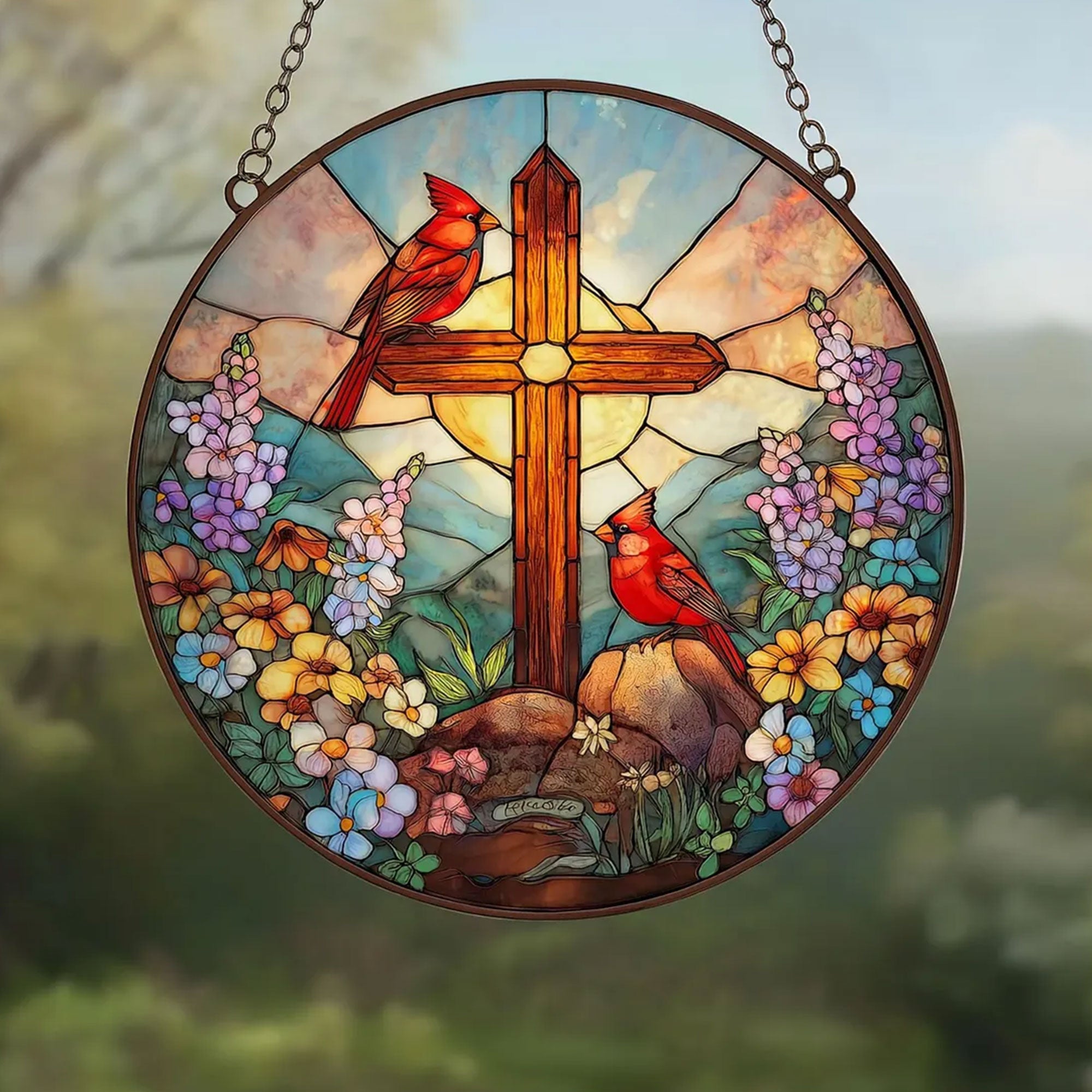 Cardinal with Cross Stained Glass Suncatcher, Christian Window Hanging Decor, Memorial Faith Gift