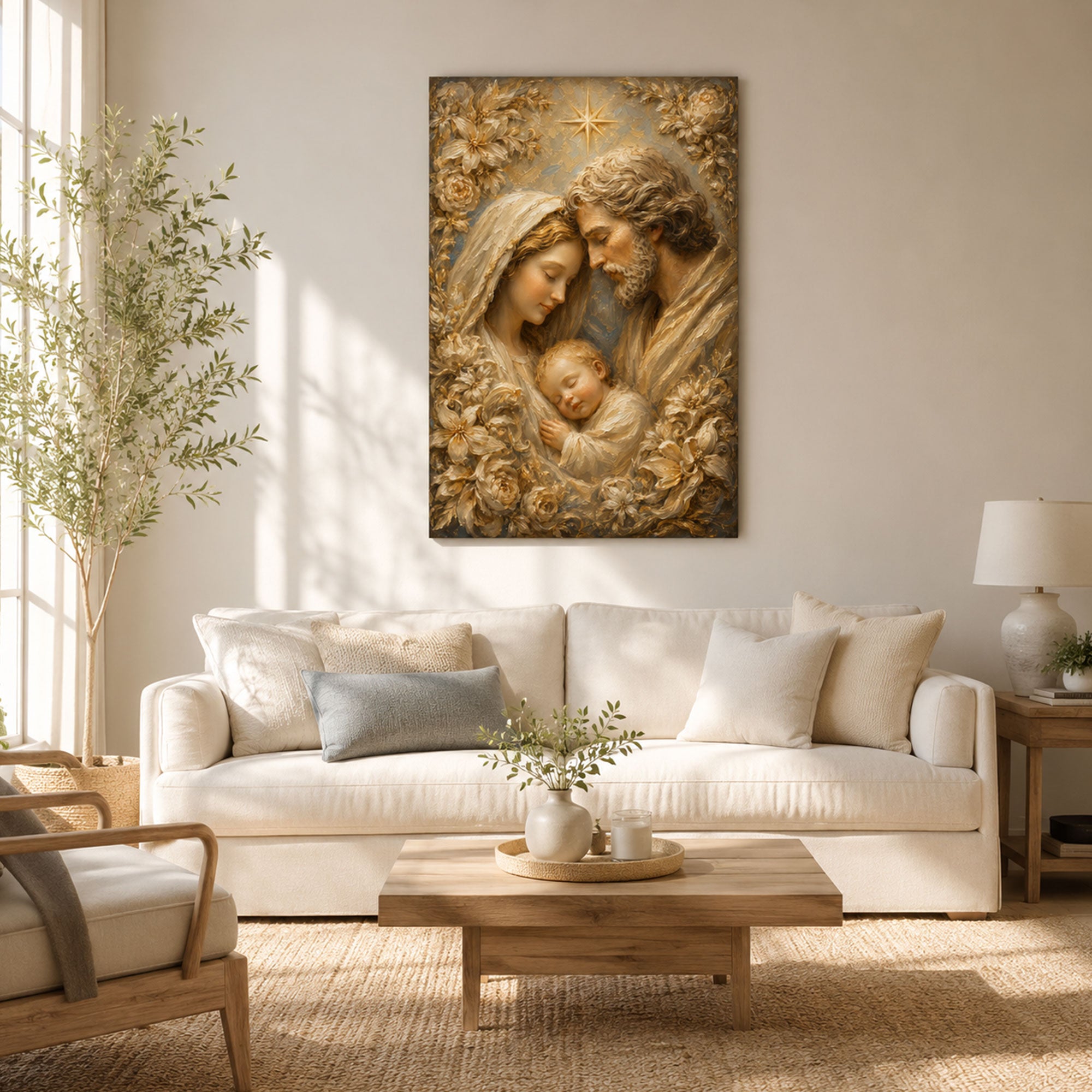 Holy Family Jesus Mary and Joseph Canvas Print, Golden Floral Catholic Wall Decor, Family Faith Gift