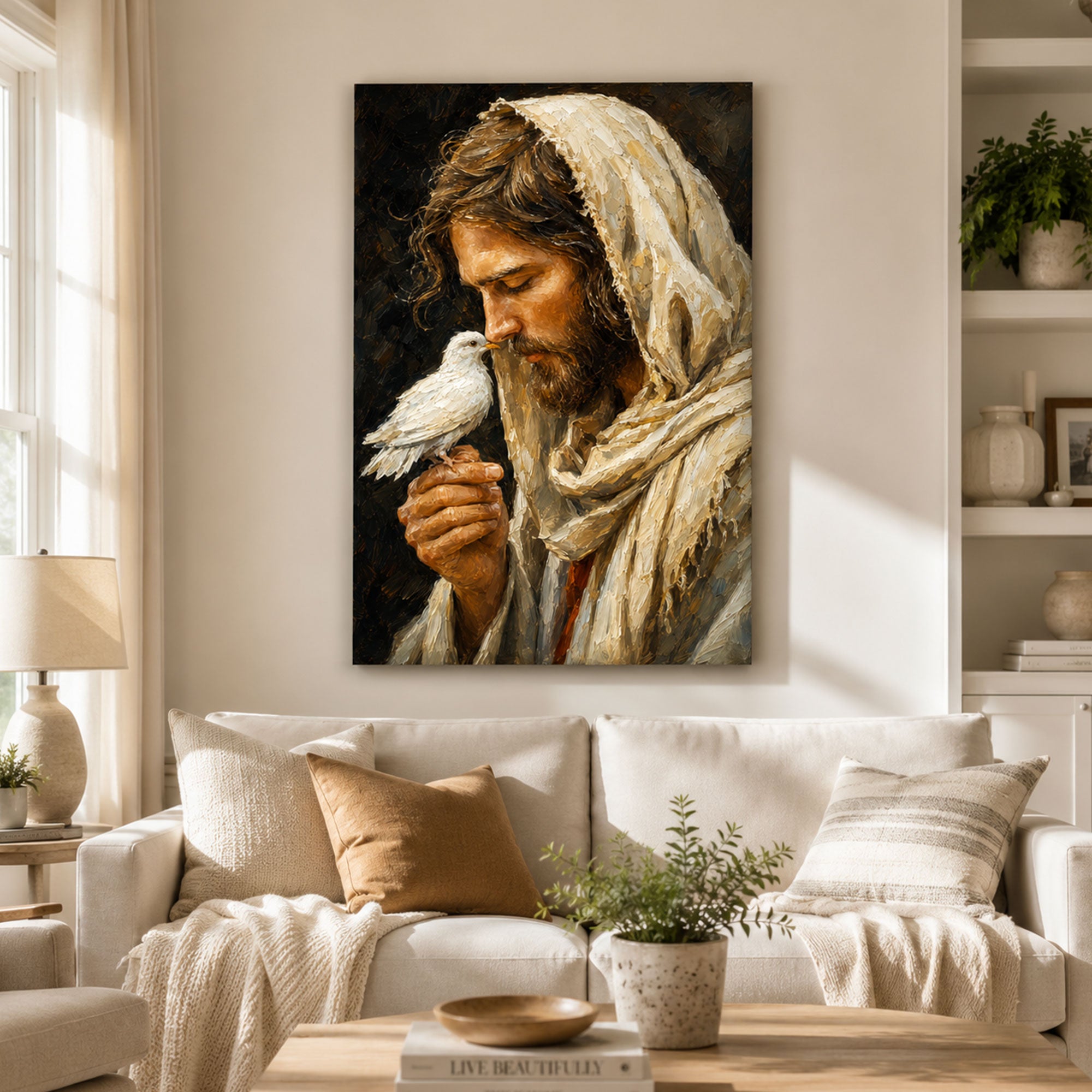Jesus with Holy Spirit Dove Canvas Print, Christian Wall Decor, Peace and Faith Gift