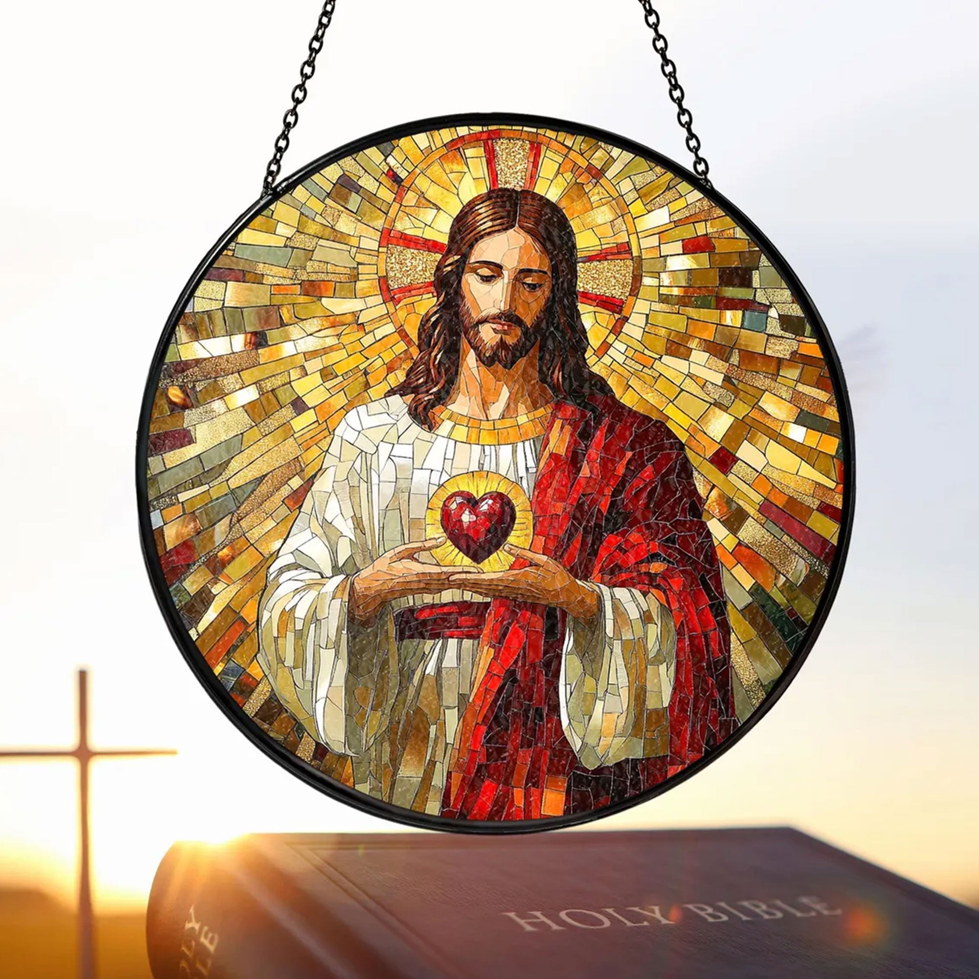Sacred Heart of Jesus Stained Glass Suncatcher, Christian Window Hanging Decor, Catholic Religious Faith Gift
