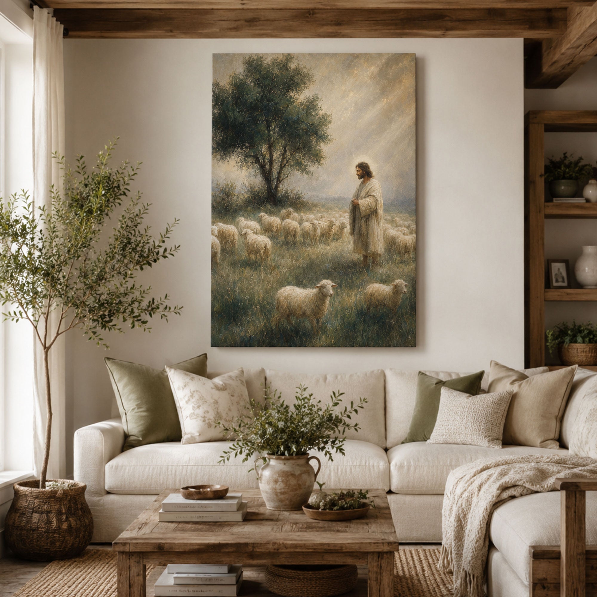 Good Shepherd Canvas Print, Jesus with Sheep Christian Wall Art, Faith Home Decor Gift