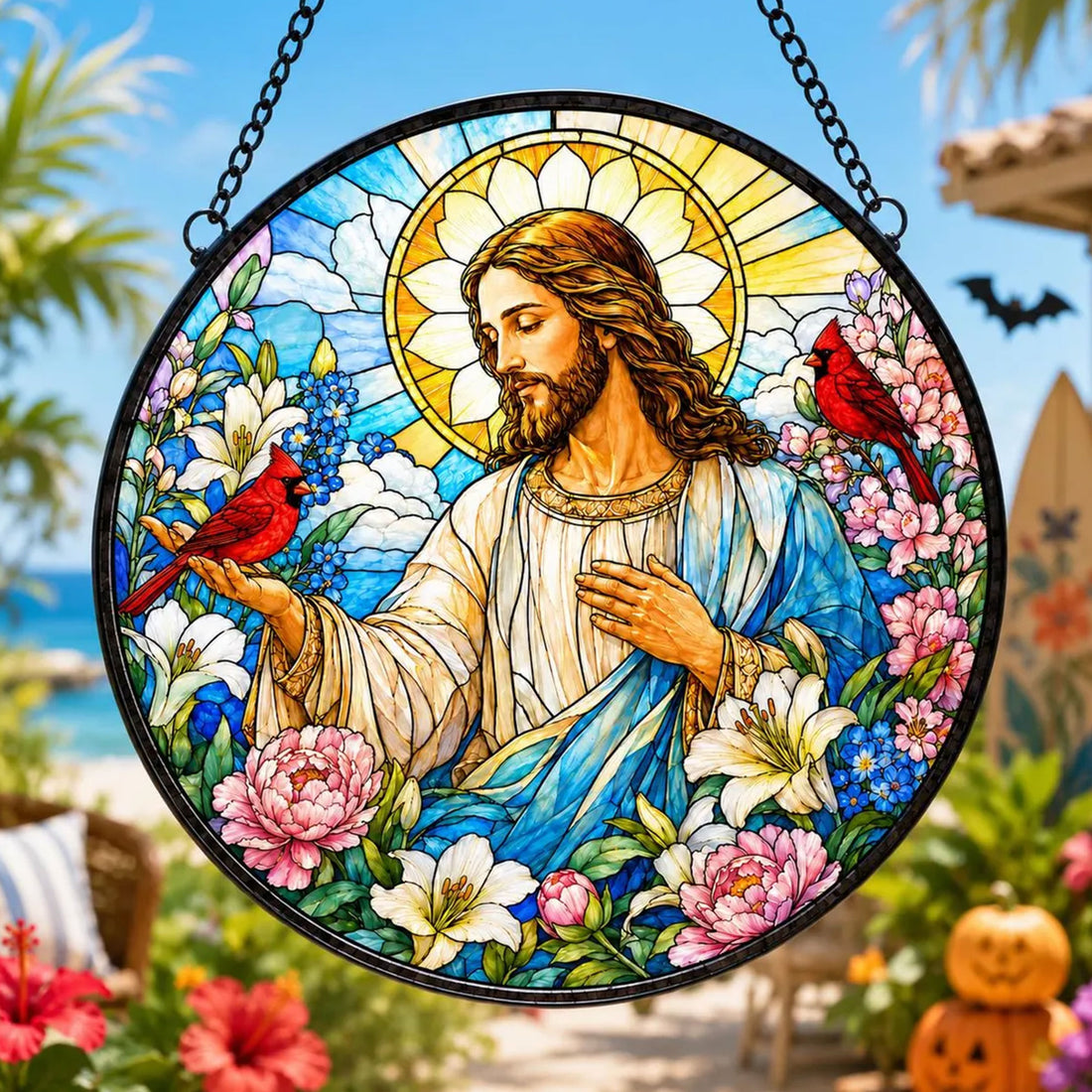 Jesus with Cardinals and Flowers Suncatcher, Christian Window Hanging, Faith Inspired Gift