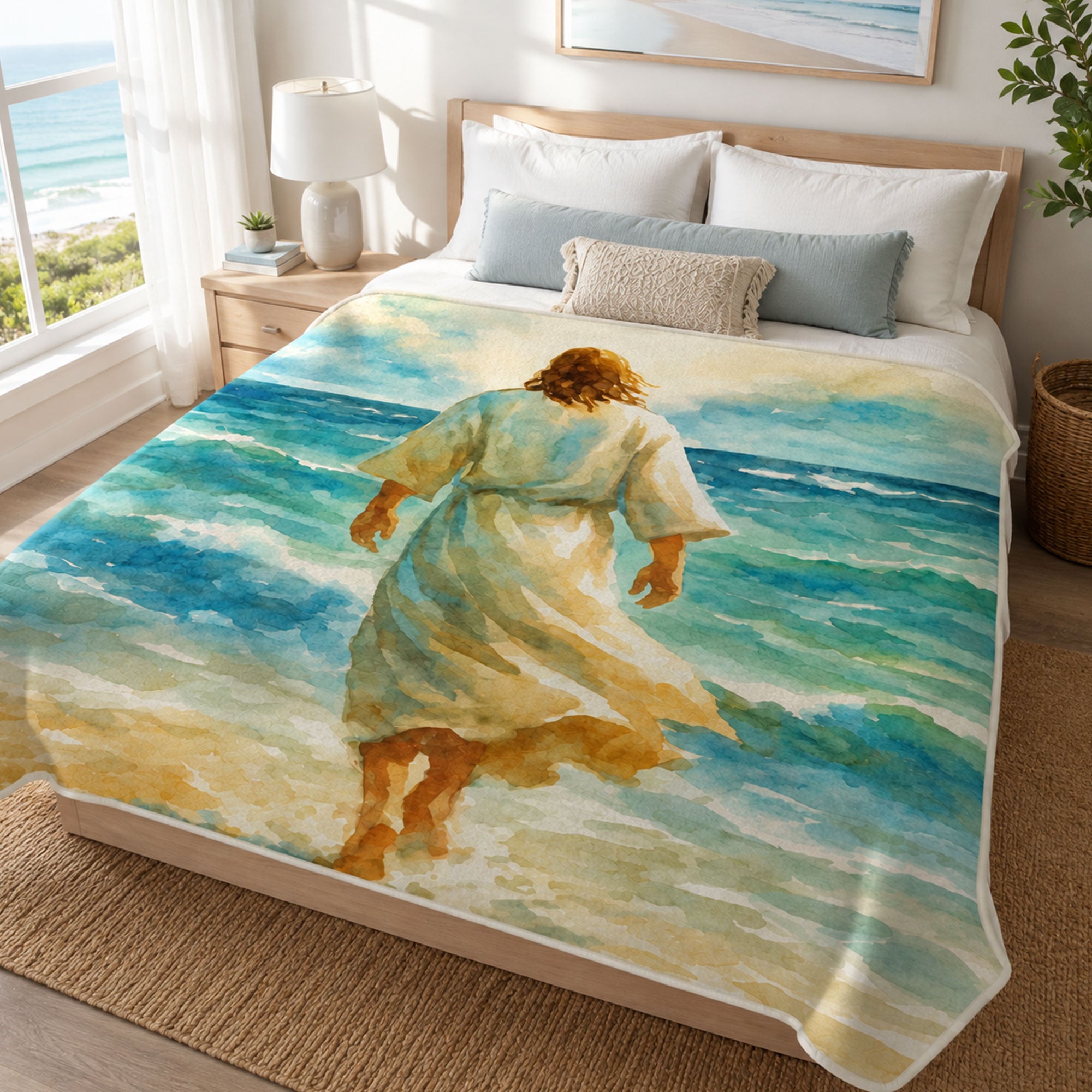 Jesus Walking on Water Fleece Blanket, Christian Faith Throw, Biblical Gift for Believers