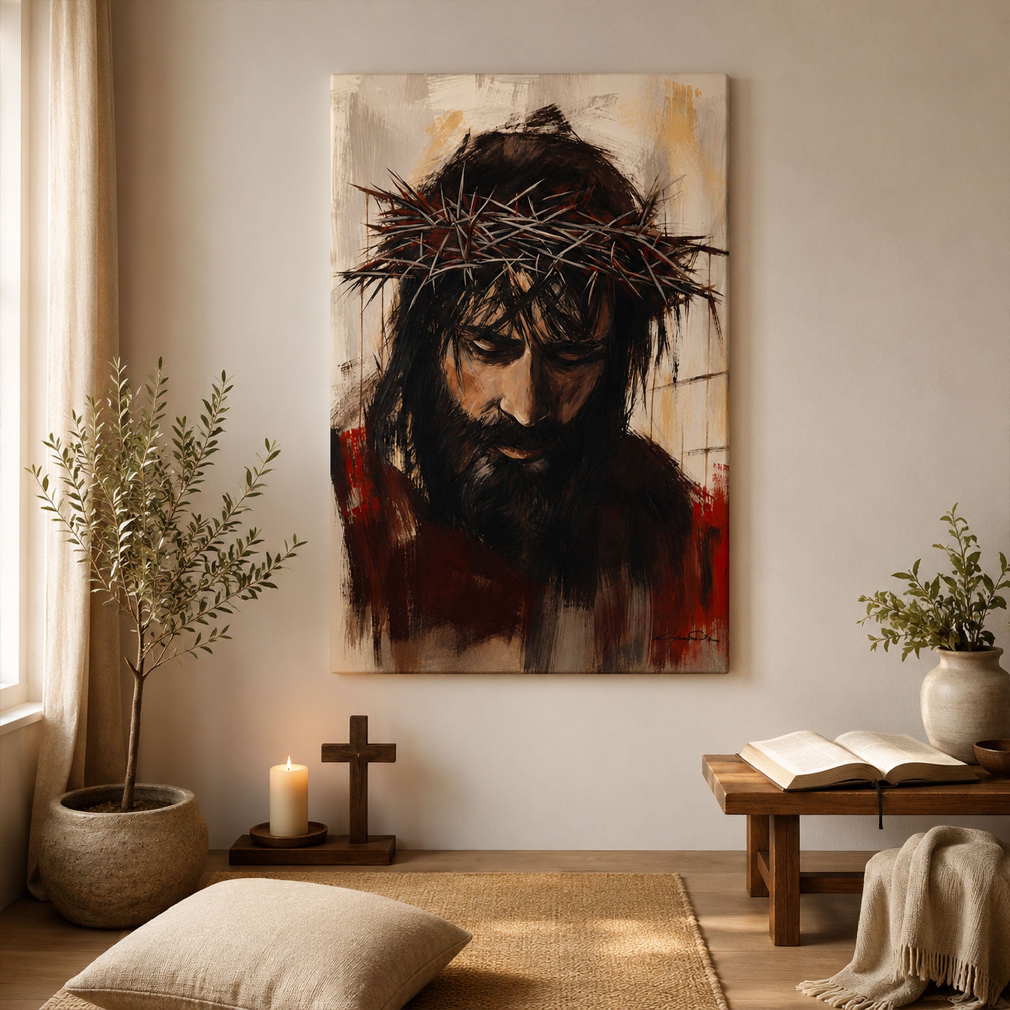 Crown of Thorns Jesus Canvas Print, Passion of Christ Christian Wall Art, Modern Catholic Home Decor