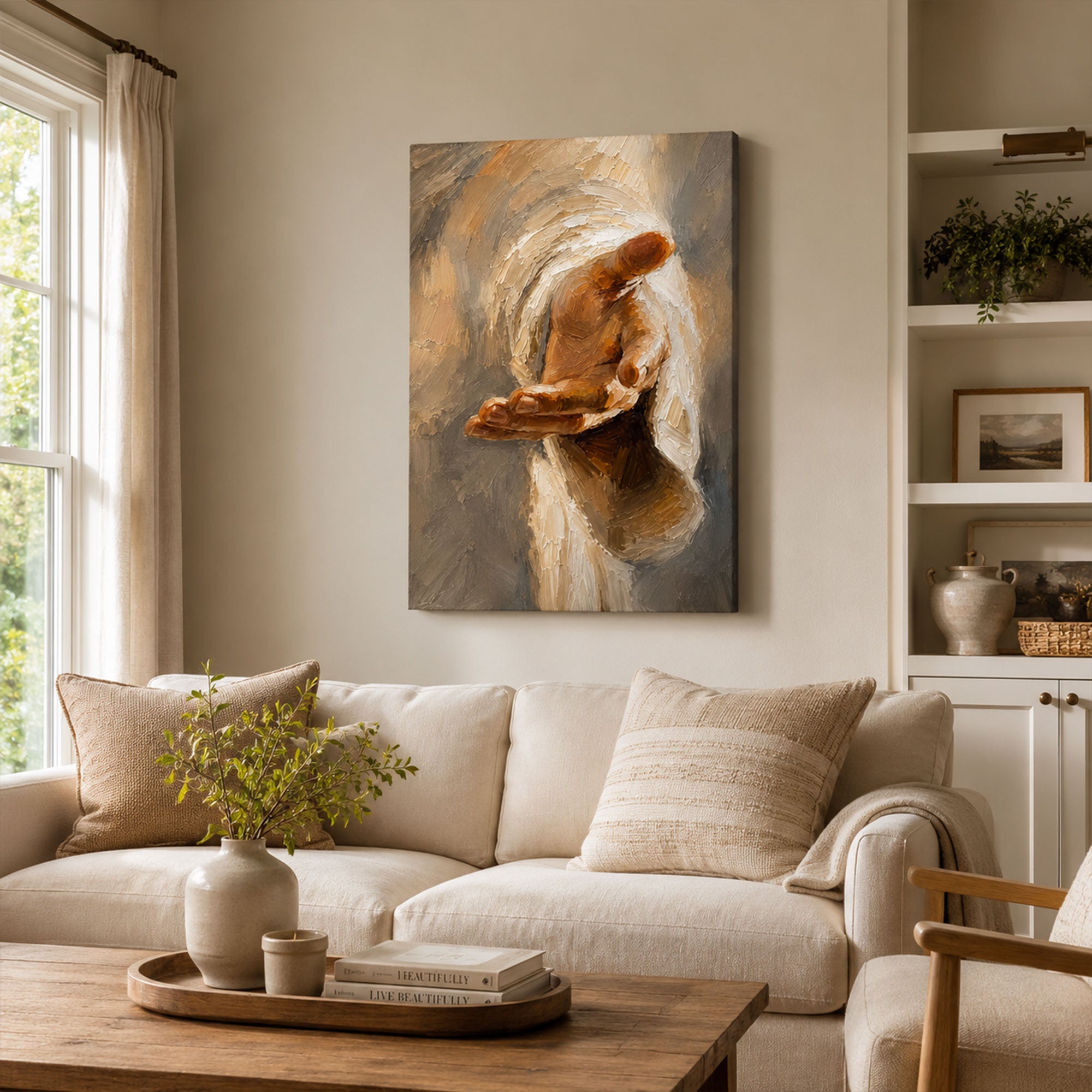 Jesus Reaching Hand Canvas Print, Soft Brush Christian Wall Decor for Home