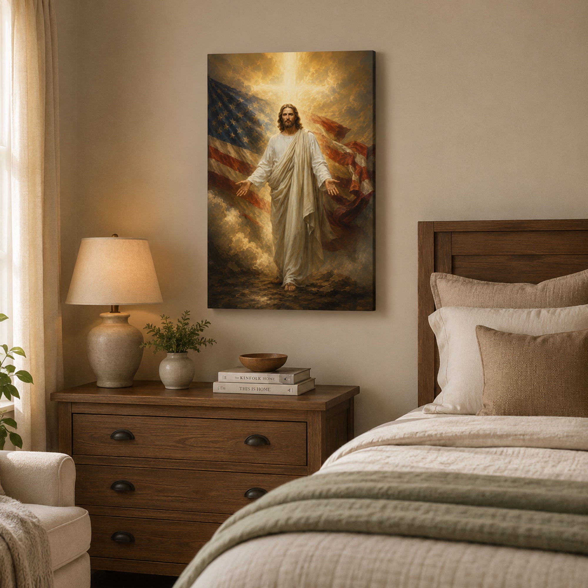 Jesus with American Flag Canvas Print, One Nation Under God Christian Wall Art, Faith Home Decor Gift