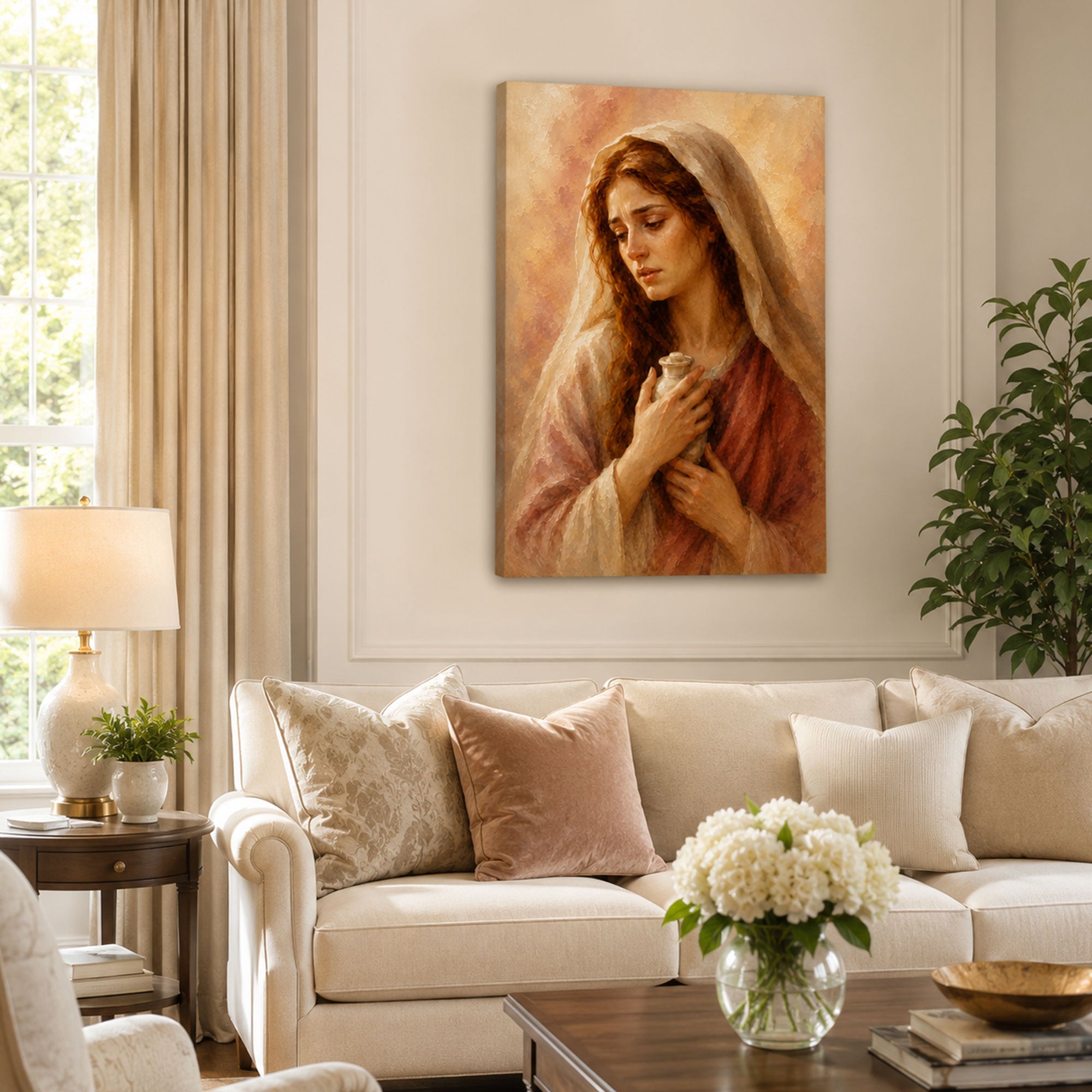 Contemplative Mary Magdalene Canvas Print, Warm Neutral Catholic Decor