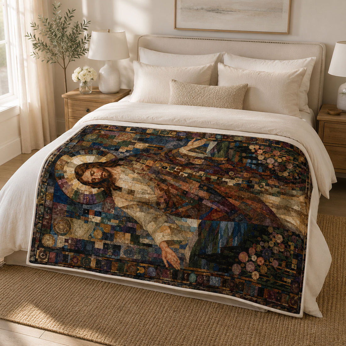 Jesus Christ Mosaic Fleece Blanket, Christian Faith Throw, Religious Gift for Believers