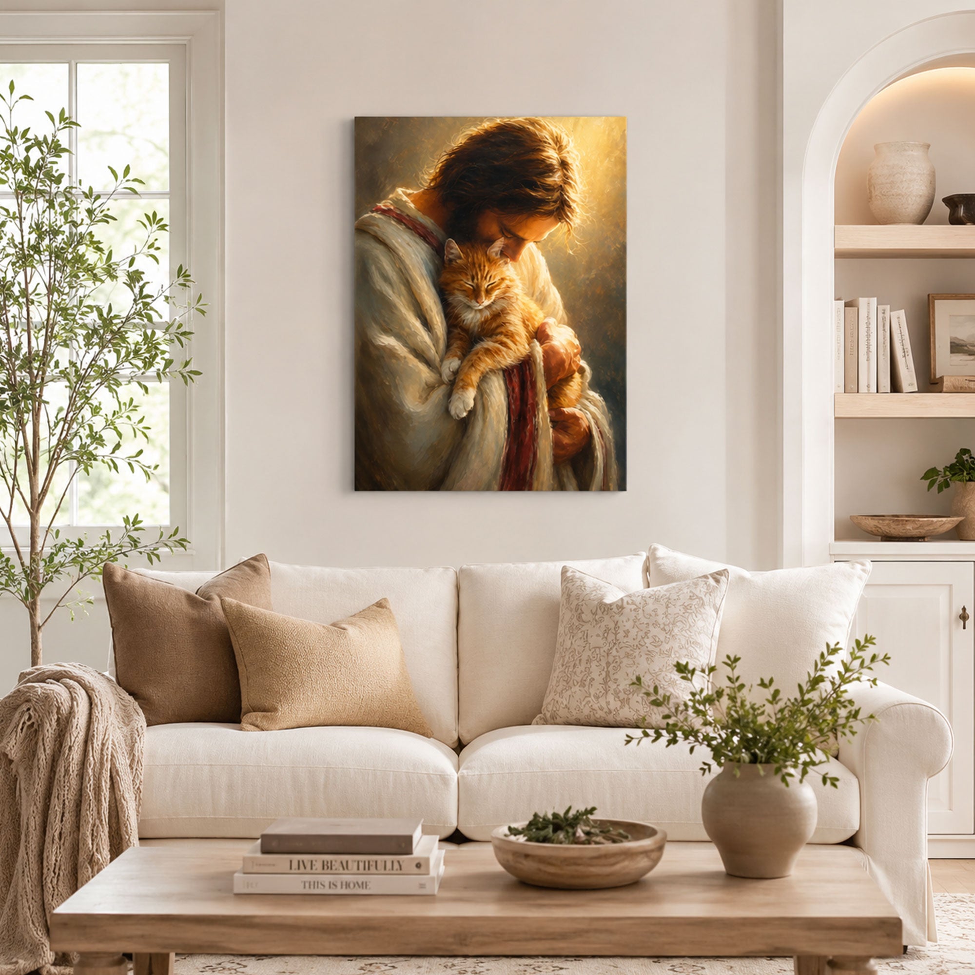 Jesus Holding a Cat Canvas Print, Christian Pet Lover Wall Decor, Faith Gift for Home