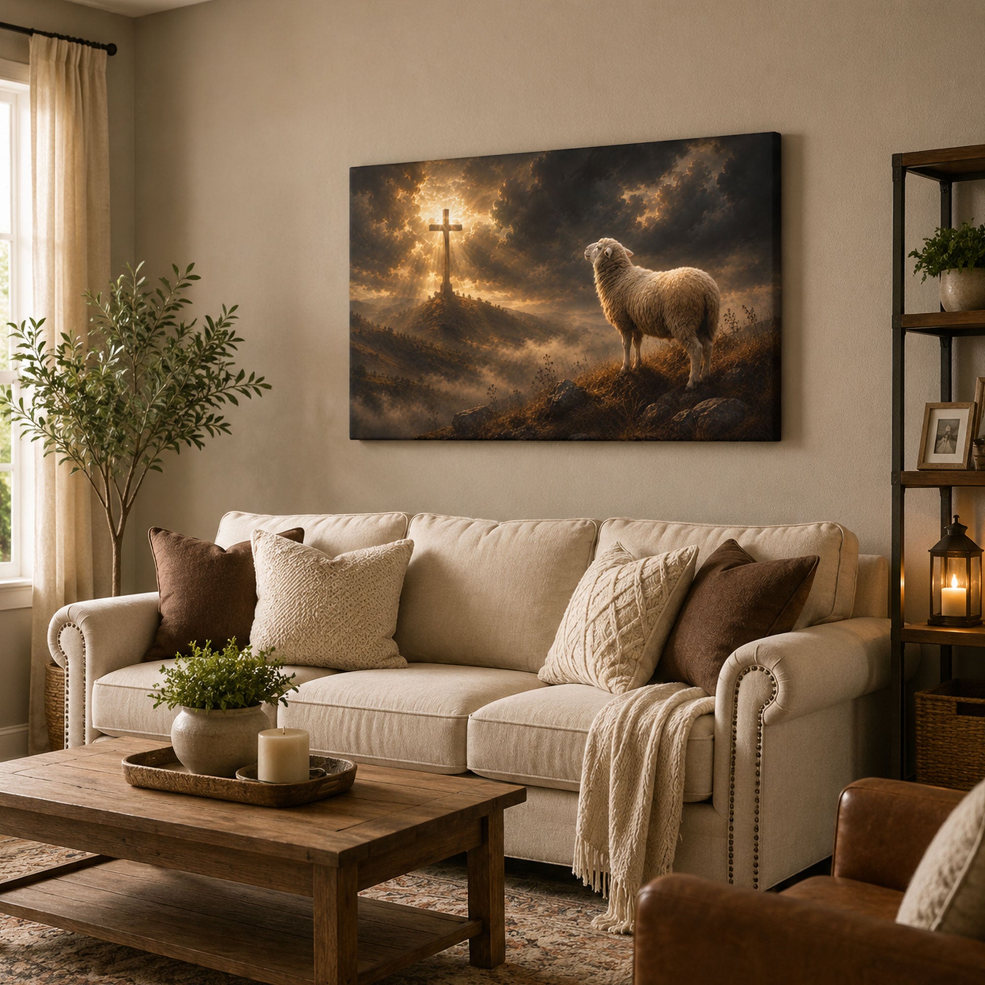 Lamb of God Cross Panoramic Canvas Print, Christian Faith Wall Art, Religious Home Decor Gift