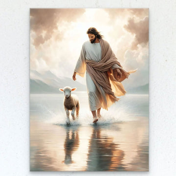Jesus Walking on Water Canvas Print, Leaves the 99 to Save the Lamb, Christian Wall Art, Faith Miracle Decor