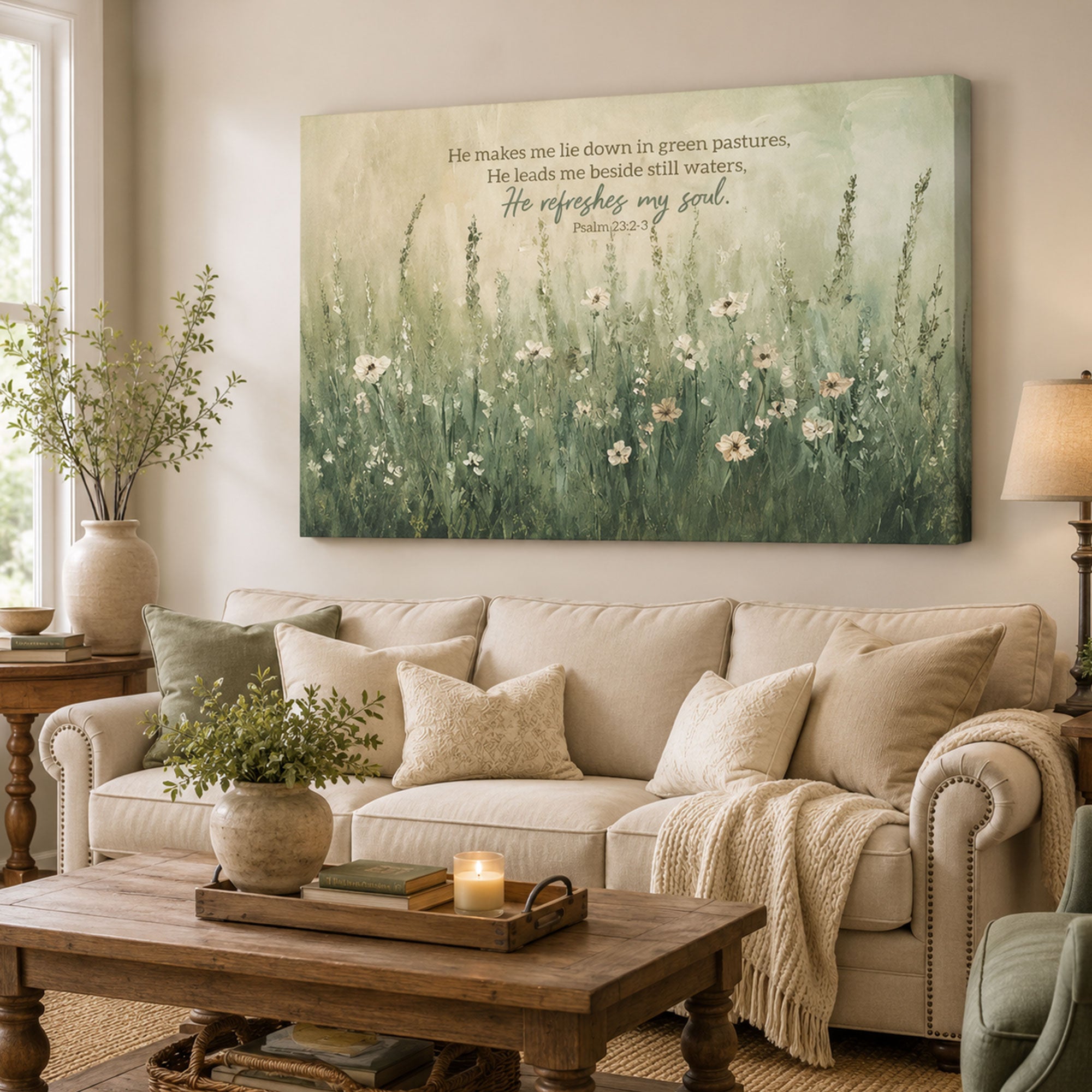 Psalm 23:2-3 Bible Verse Canvas Print, He Makes Me Lie Down in Green Pastures Christian Wall Art, Peaceful Landscape Nature Decor