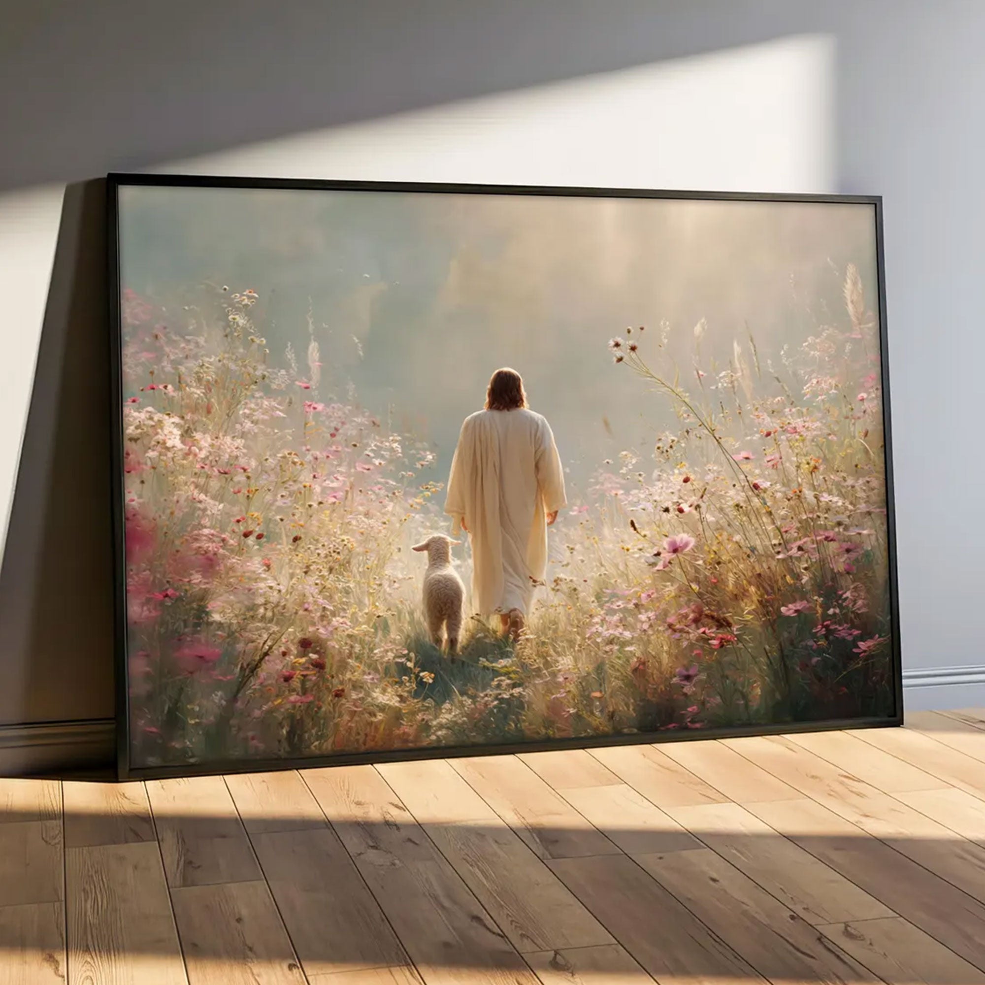 Jesus and Lamb Canvas Print, Peaceful Pastoral Wall Art, Christian Floral Field Decor, Religious Gift