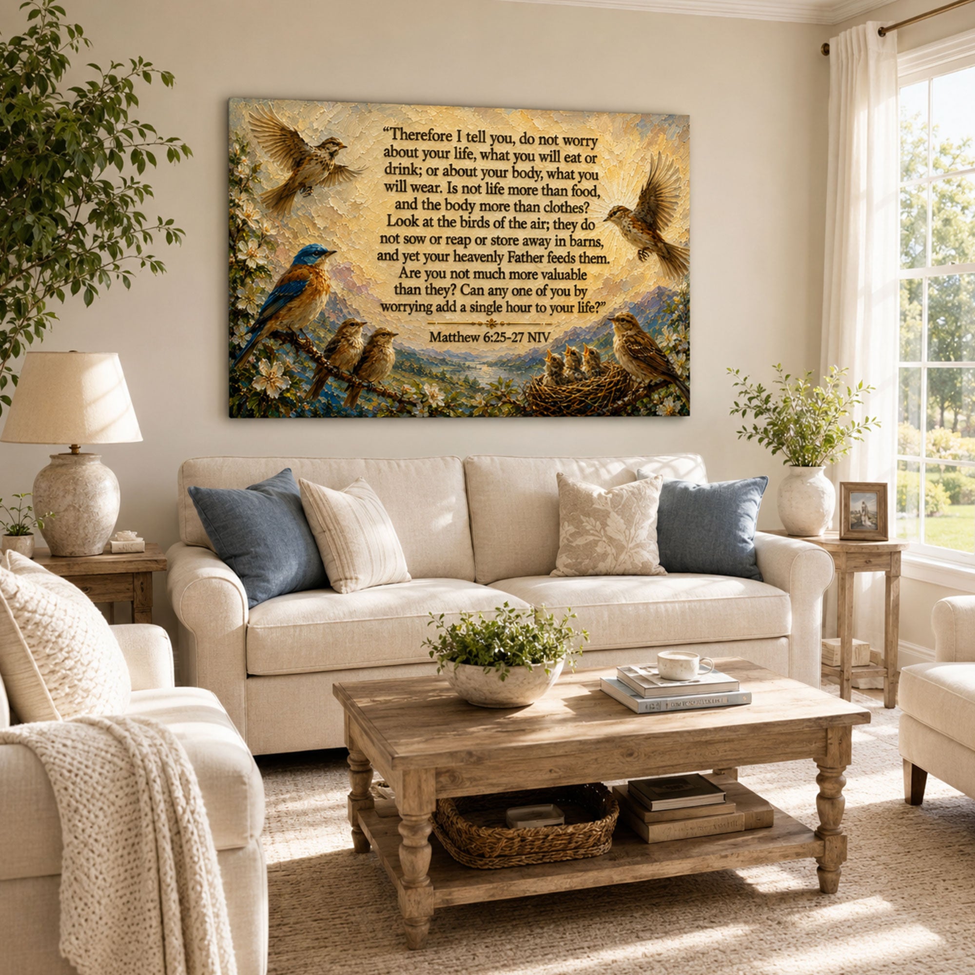 Do Not Worry Matthew 6:25-27 Canvas Print, Birds of the Air Christian Wall Decor, Bible Verse Faith Gift