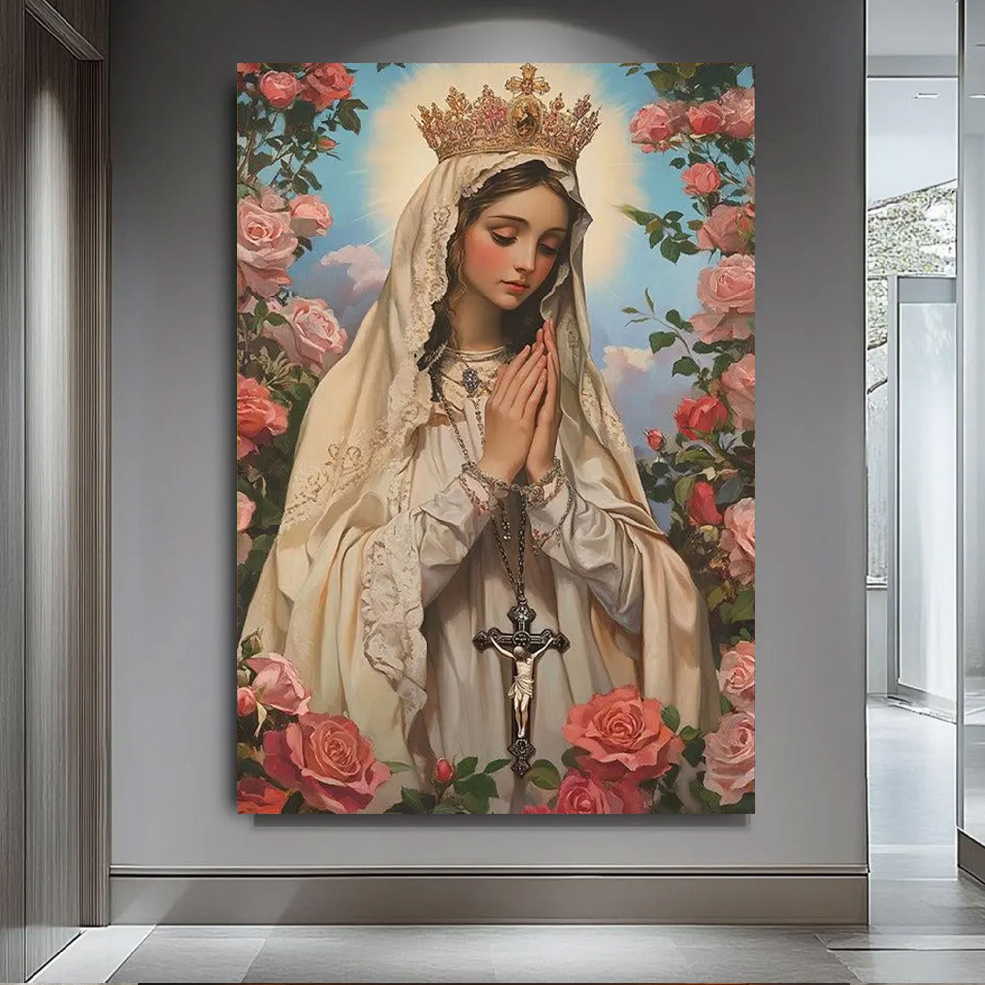 Virgin Mary Canvas Art, Holy Mother of God Wall Art, Sacred Catholic Icon with Roses, Blessed Mother Portrait, Inspirational Faith Gift, Religious Home Decor