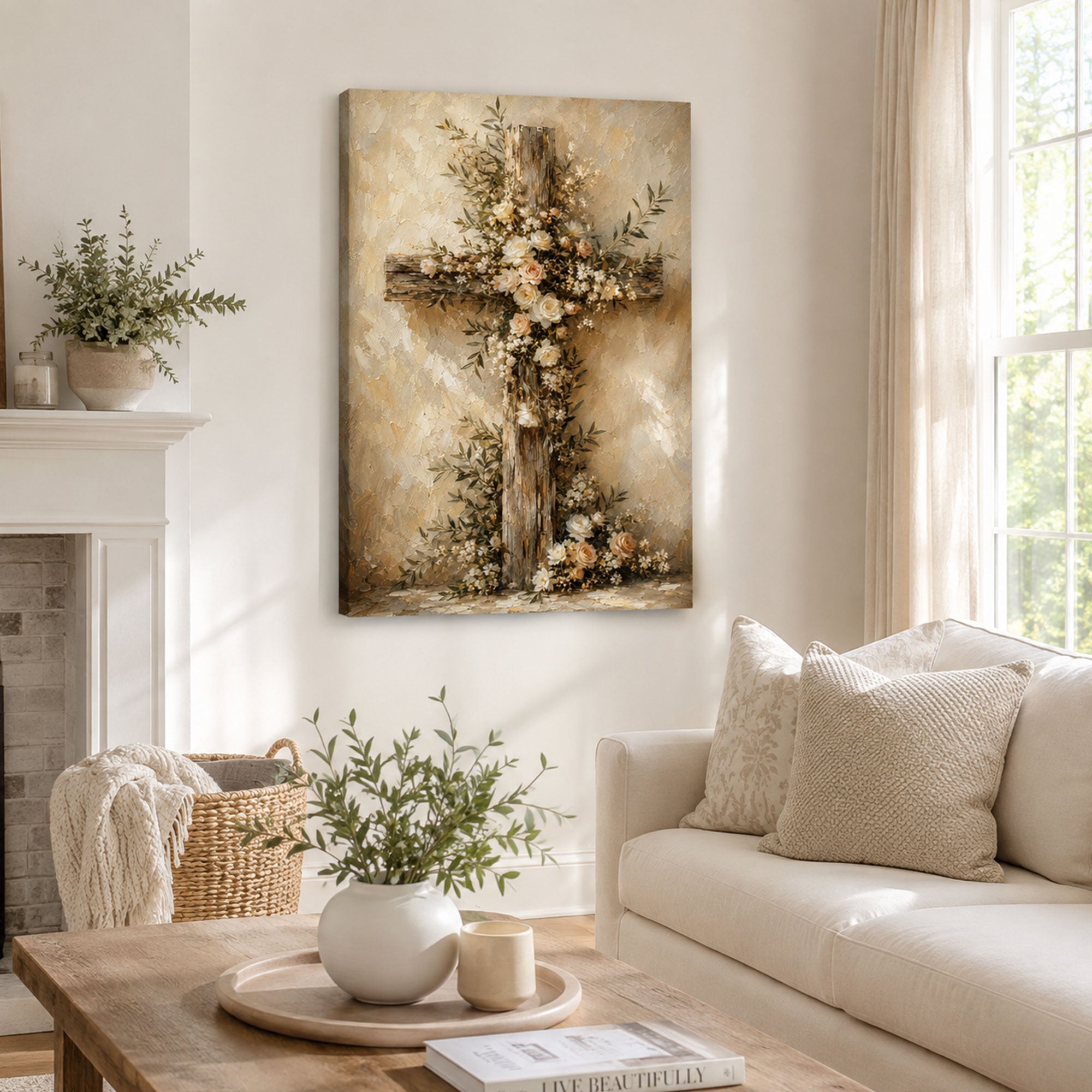 Floral Cross Canvas Print, Rustic Christian Wall Decor, Faith and Hope Gift