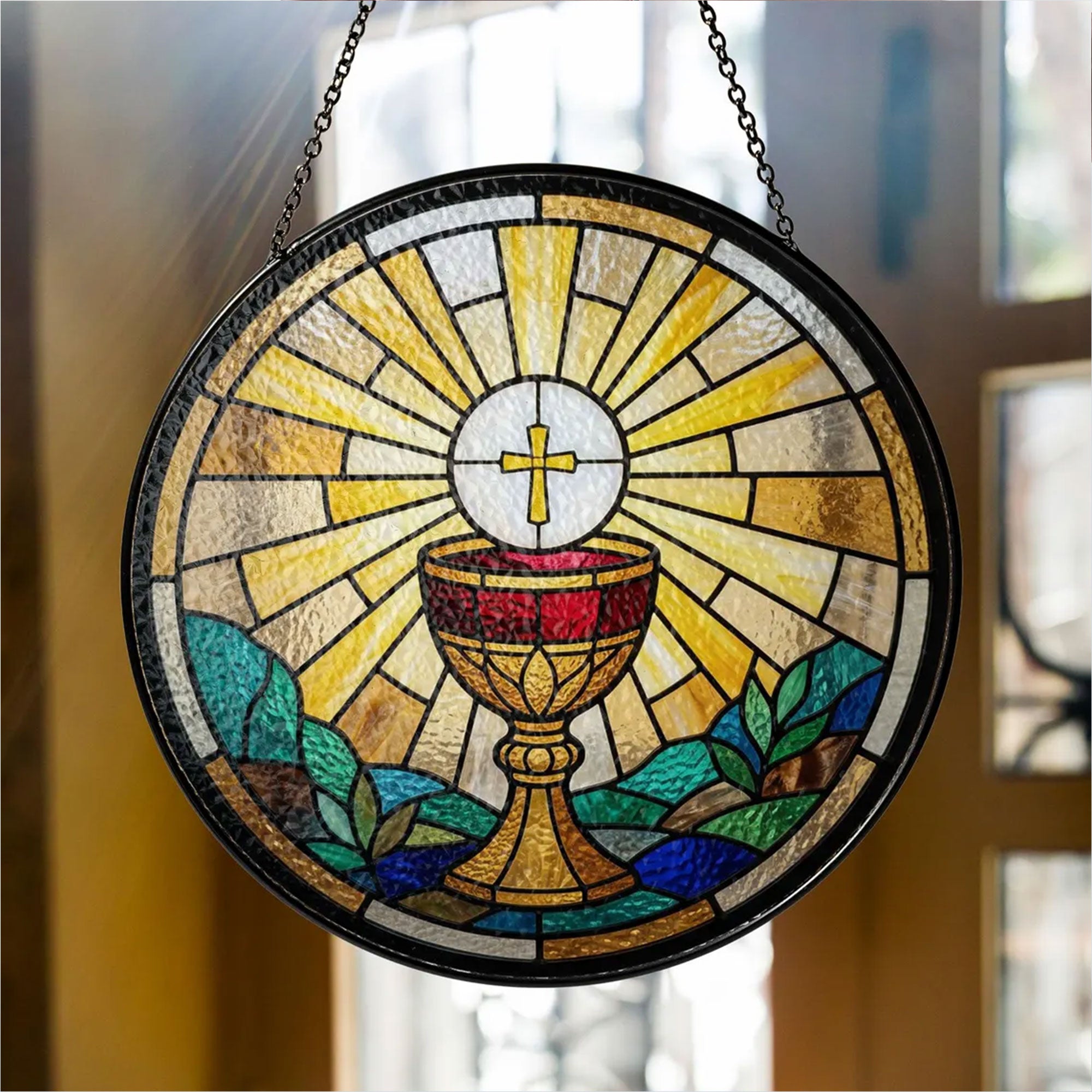Holy Eucharist Chalice Stained Glass Suncatcher, Catholic Window Hanging Decor, First Communion Religious Gift