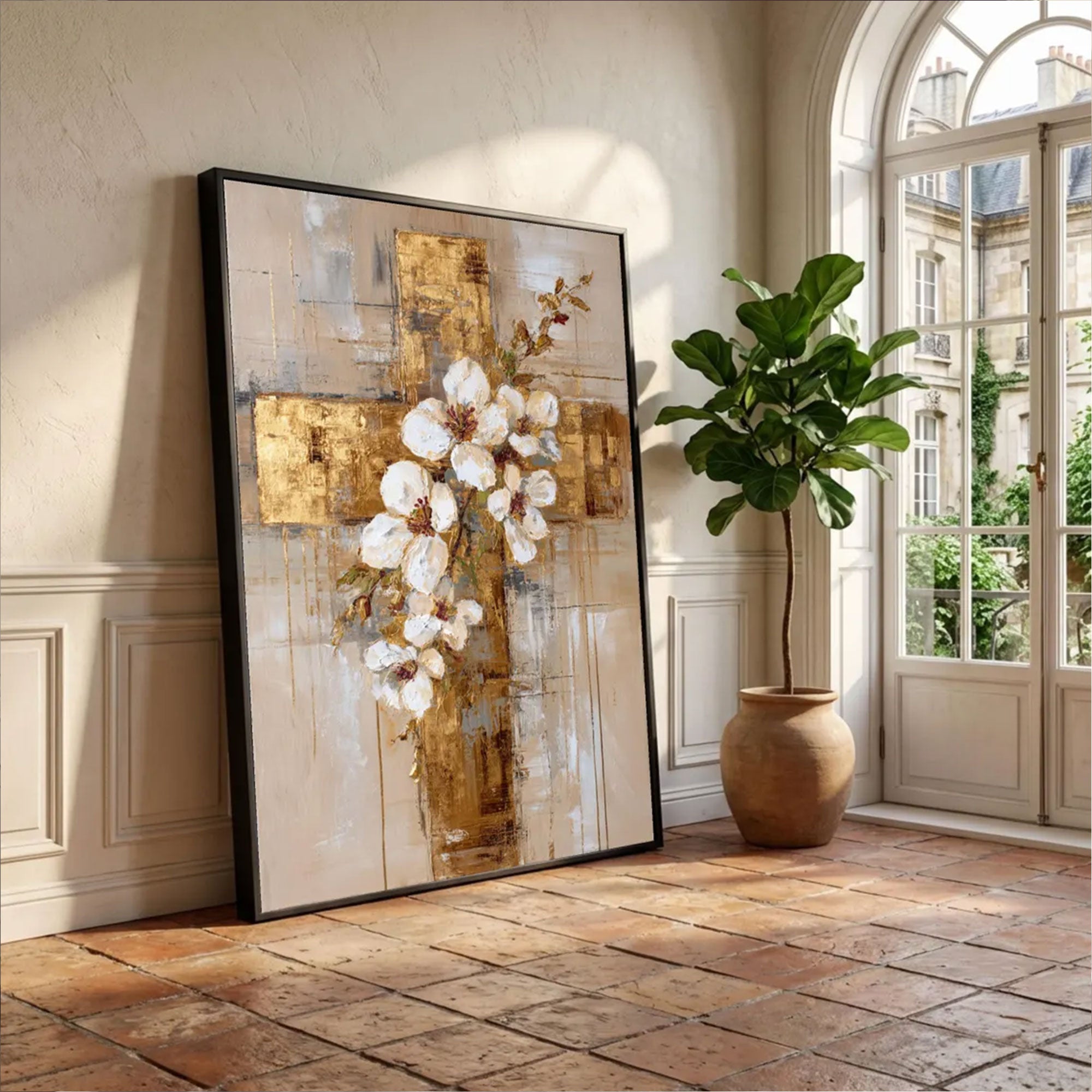 Elegant White Blossoms Canvas Print, Gold Cross Abstract Christian Wall Art, Floral Religious Decor, Modern Spiritual Home Gift