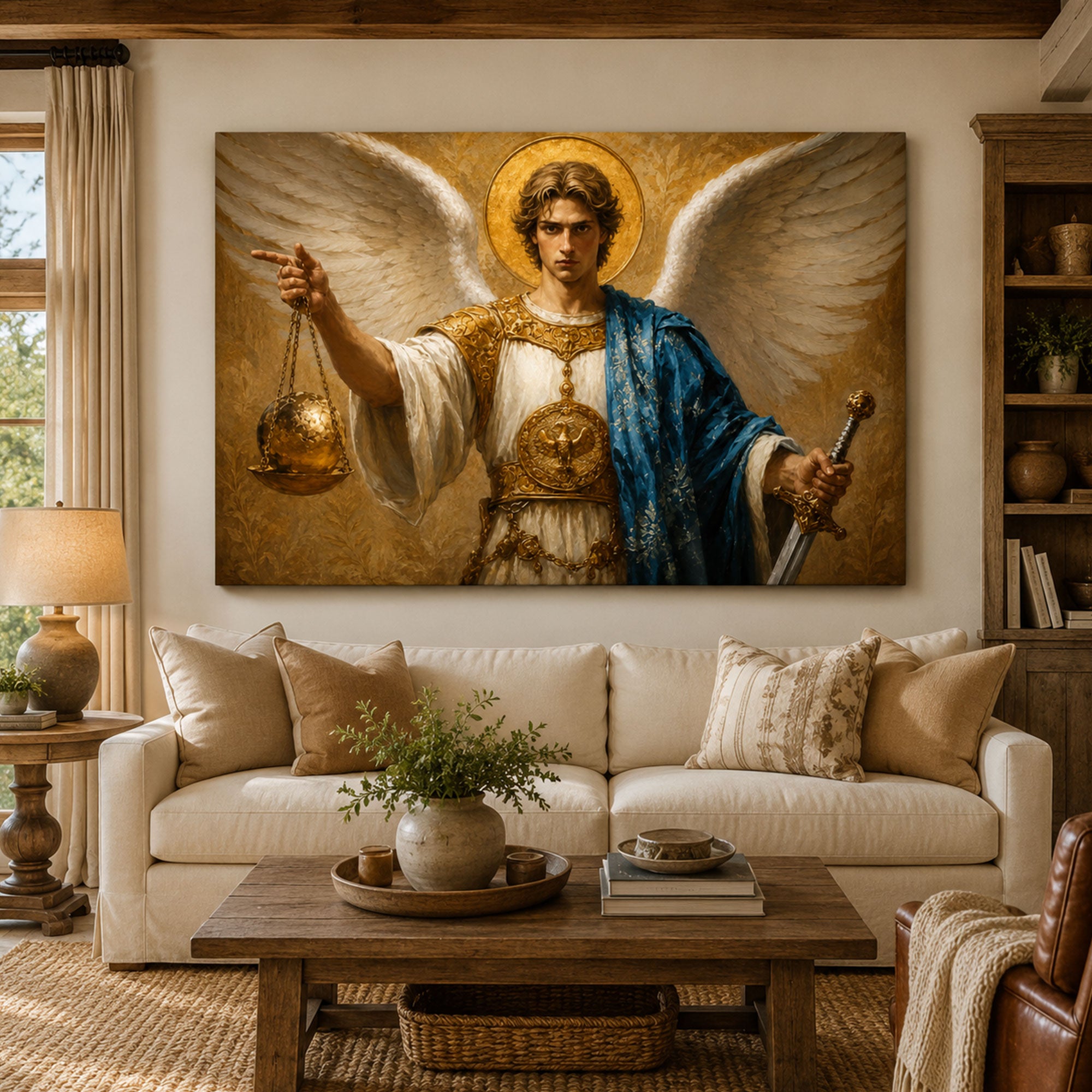 Saint Michael with Scales Canvas Print, Catholic Archangel Wall Art, Faith Home Decor Gift