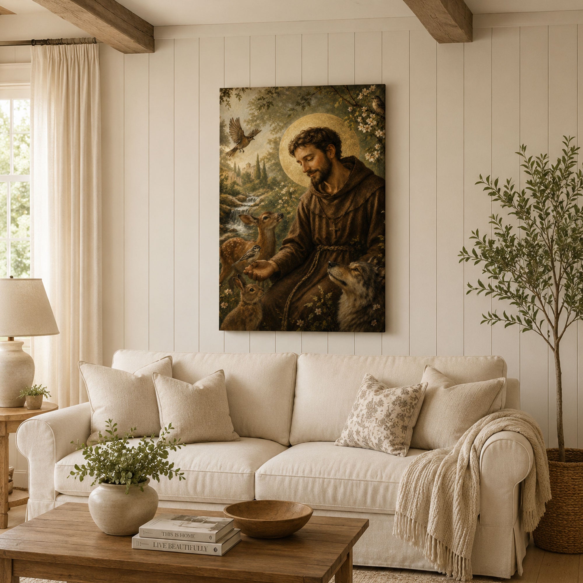 Saint Francis of Assisi Canvas Print, Catholic Saint Wall Art with Animals, Christian Home Decor Gift