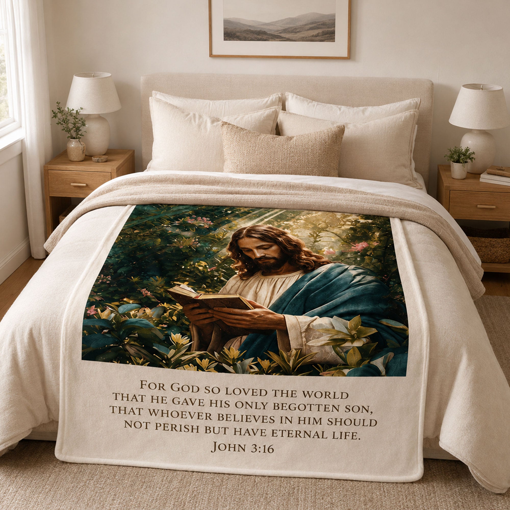 Jesus Reading Bible Fleece Blanket, John 3:16 Christian Throw, Scripture Faith Gift