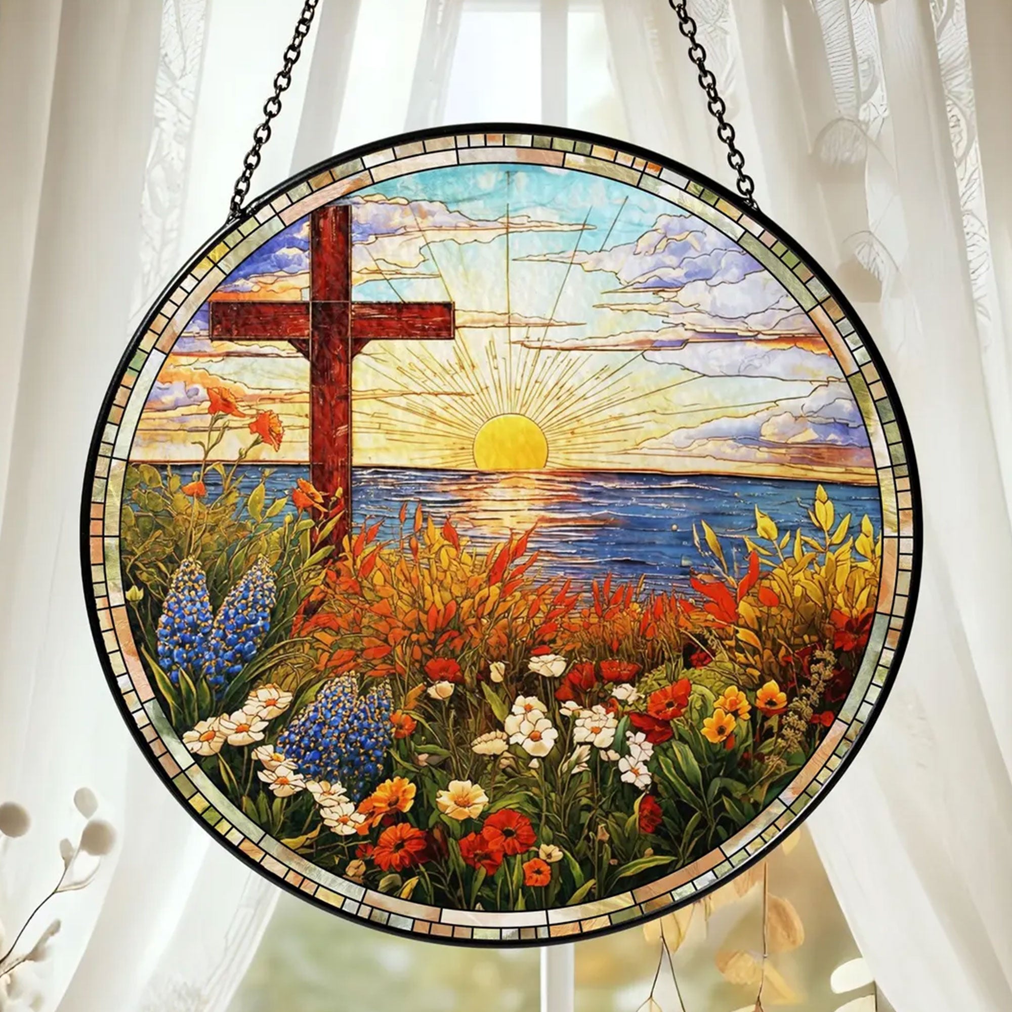 Christian Cross Stained Glass Suncatcher, Religious Window Hanging Decor, Faith Gift, Handmade Home Ornament