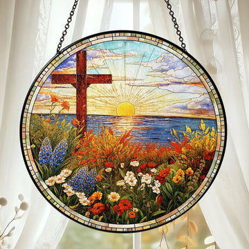 Christian Cross Stained Glass Suncatcher, Religious Window Hanging Decor, Faith Gift, Handmade Home Ornament