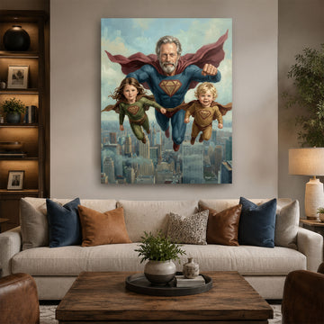Personalized Super Hero Grandpa And Grandchildren Canvas Print, Custom Family Hero Portrait Wall Art, Father’s Day Gift For Grandpa