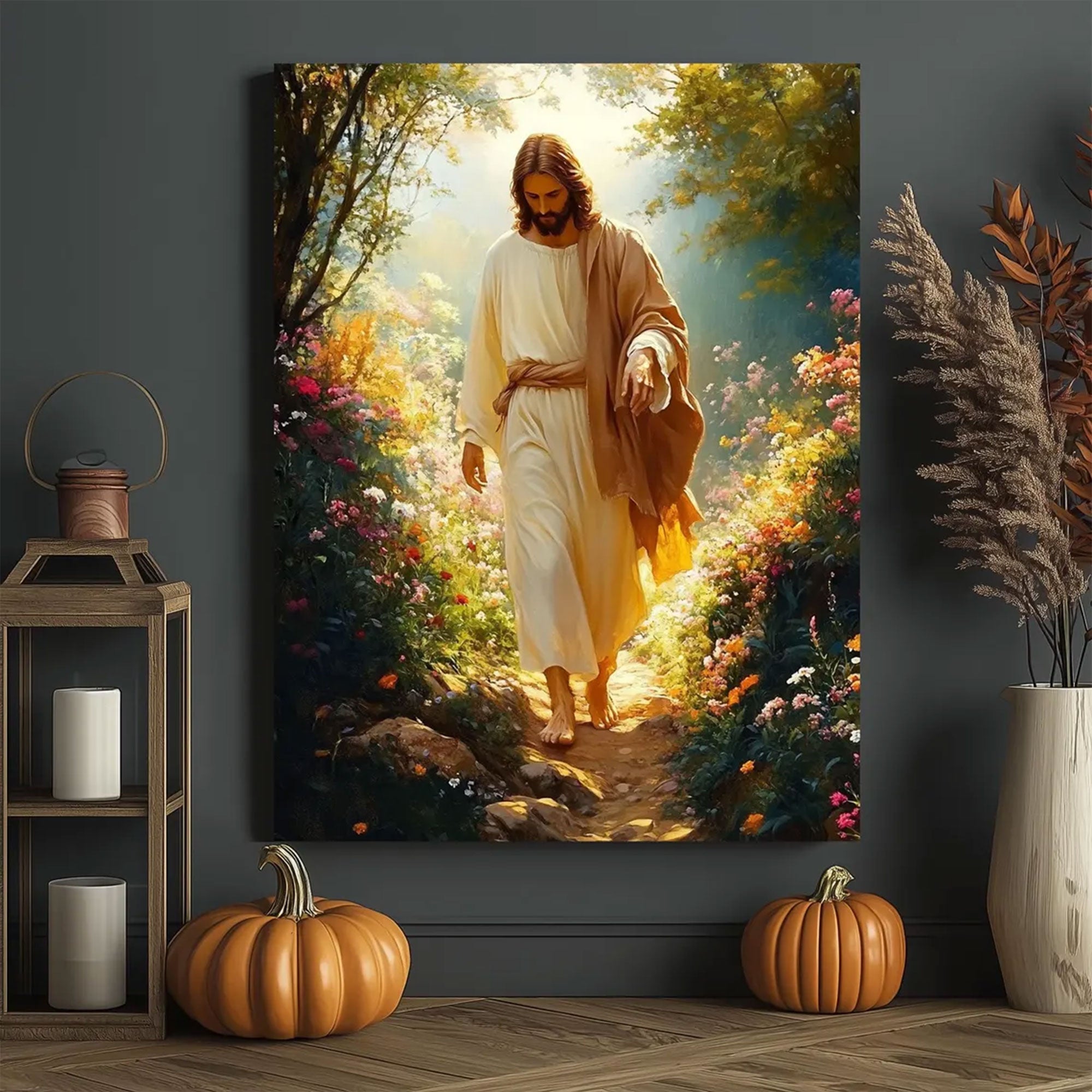 Jesus Walking in Garden Canvas Print, Christian Wall Art, Religious Home Decor
