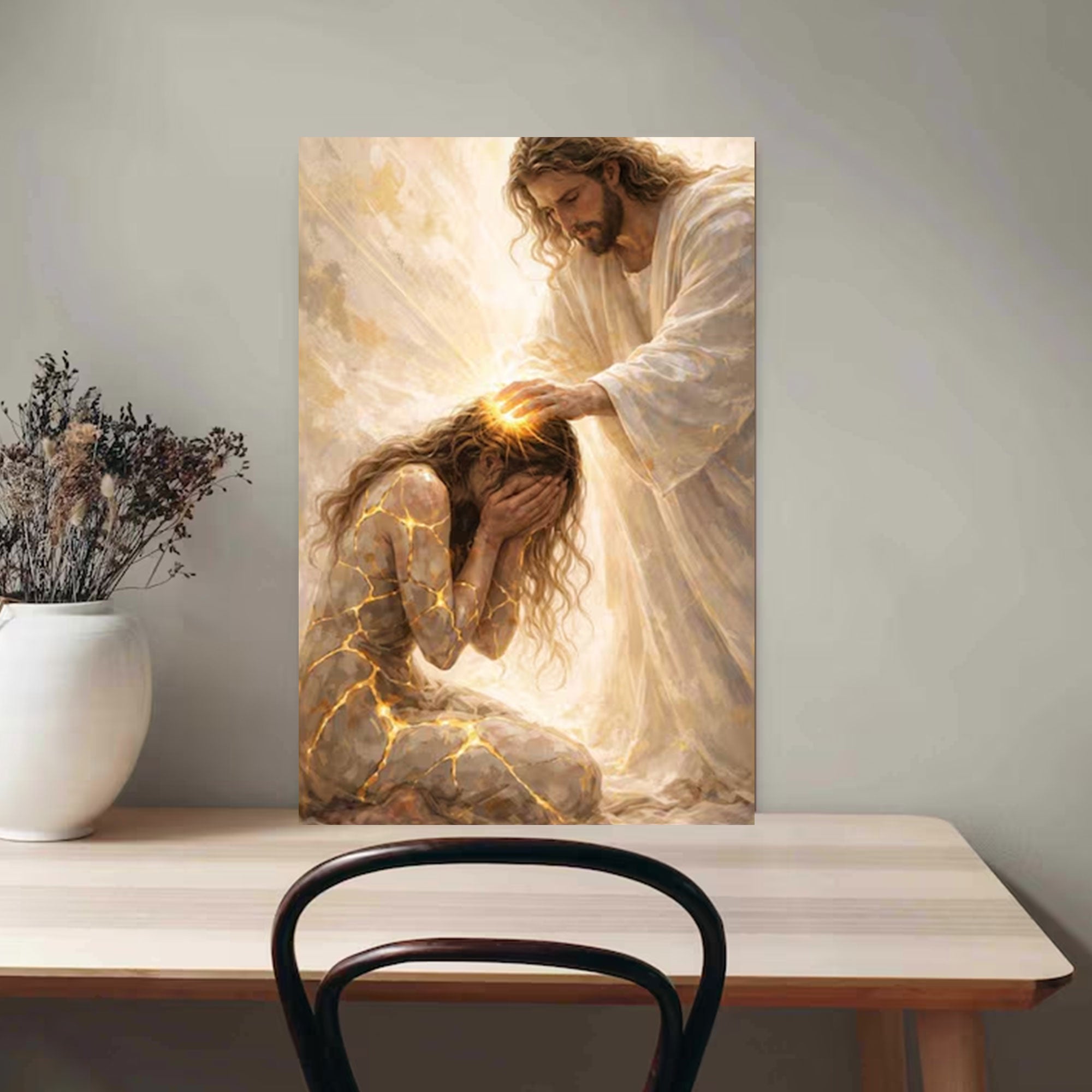 Healed By Him Canvas Print, Jesus and Woman Wall Art, Christian Healing Artwork, Religious Home Decor