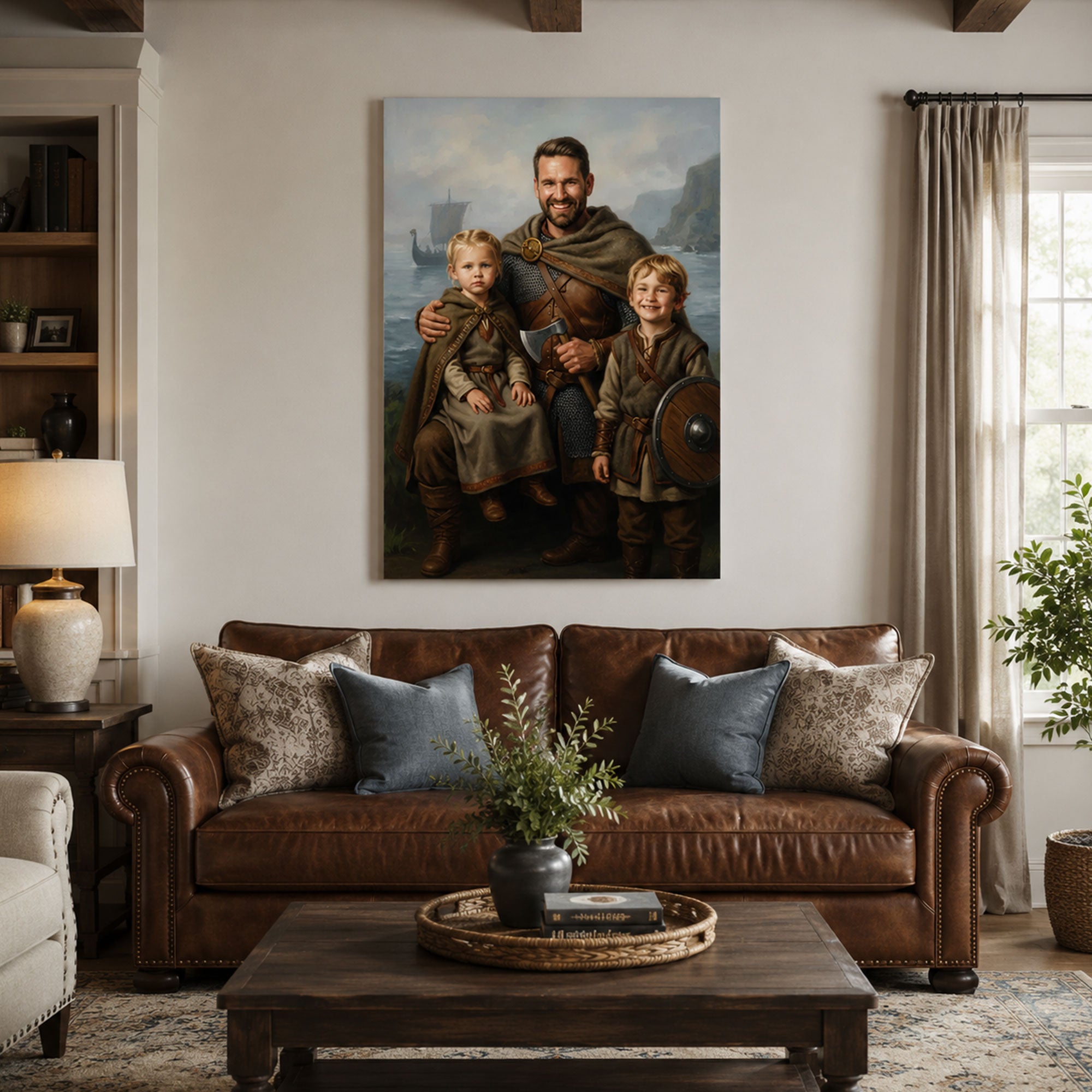 Custom Viking Family Canvas Print, Personalized Dad And Kids Portrait Wall Art