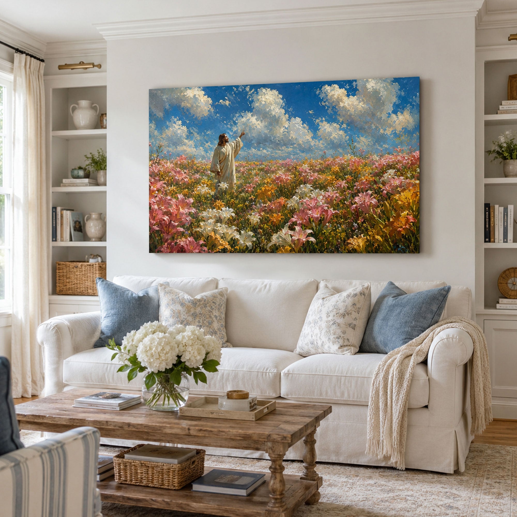 Jesus in a Field of Lilies Canvas Print, Christian Home Decor