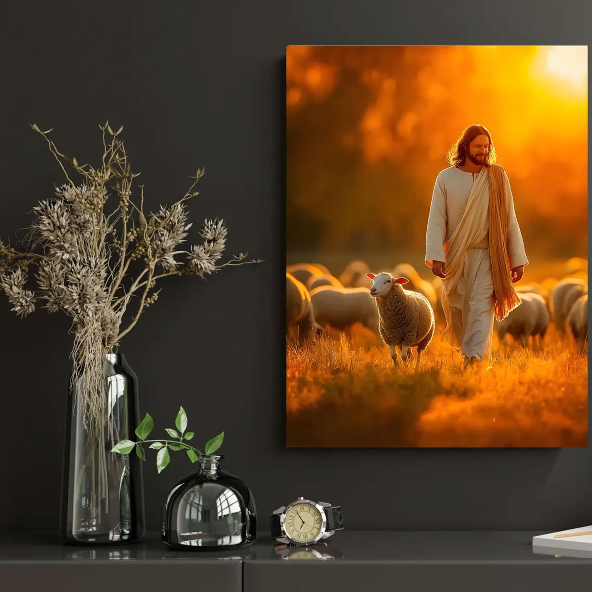 Jesus Good Shepherd Canvas Print, Sunset Christian Wall Art, Faith Inspired Shepherd Artwork, Spiritual Home Decor