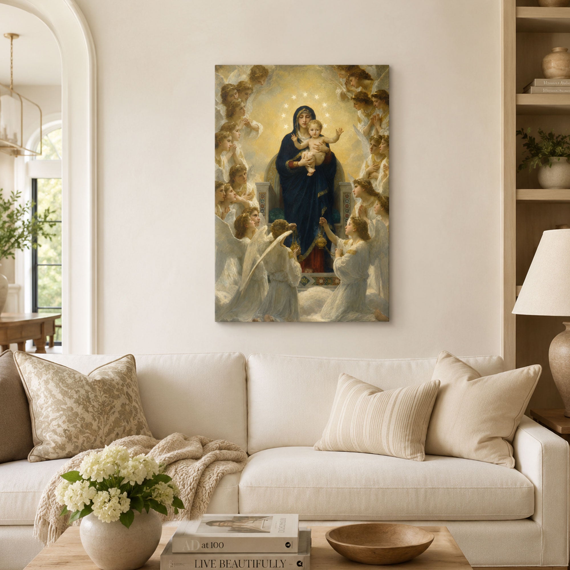 Our Lady Queen of Angels Canvas Print, Virgin Mary and Child Jesus Catholic Wall Decor, Marian Faith Gift