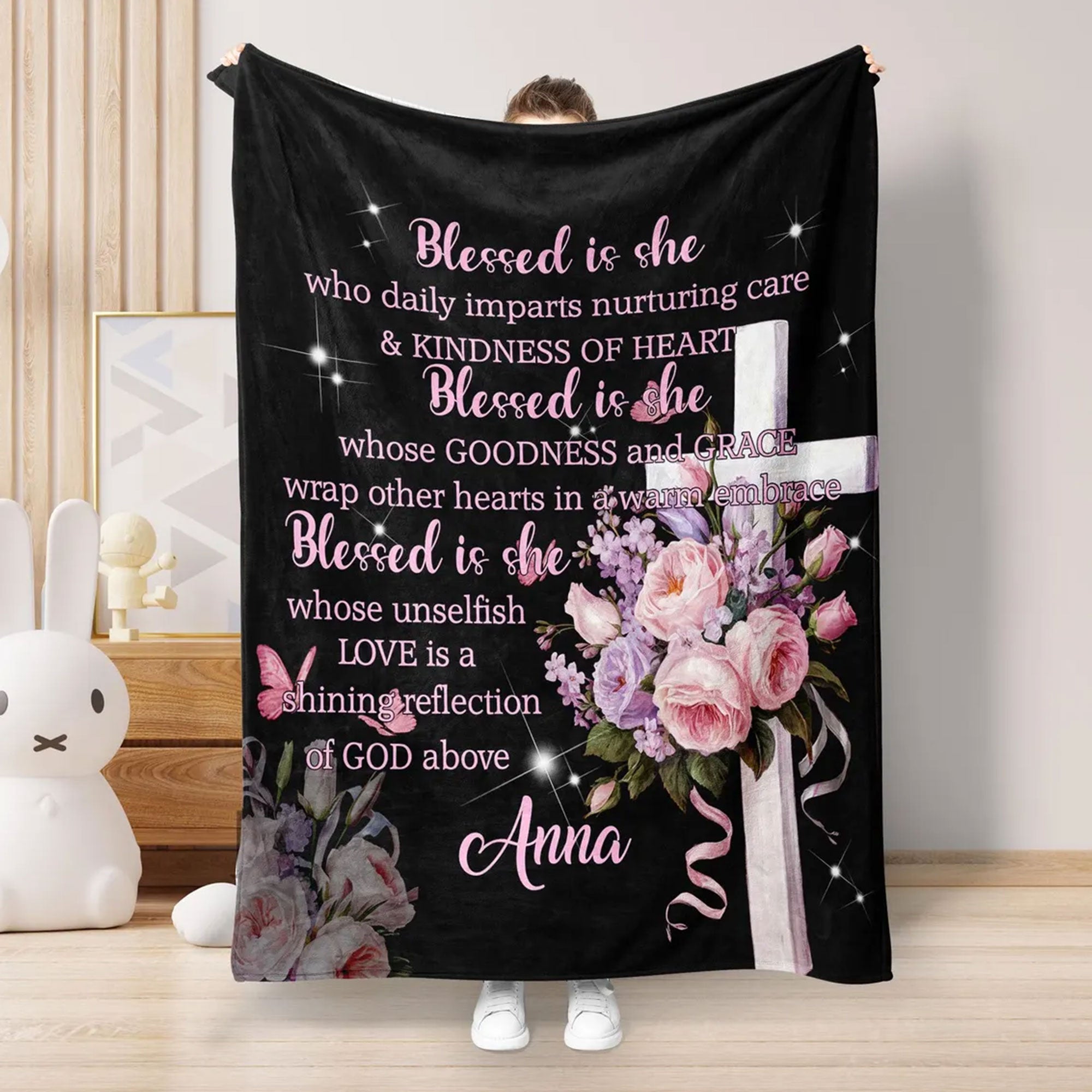 Blessed Is She Fleece Blanket, Personalized Christian Blanket, Faith Throw for Women, Inspirational Quote Blanket, Bible Verse Gift
