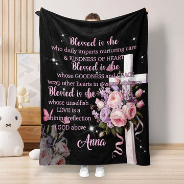 Blessed Is She Fleece Blanket, Personalized Christian Blanket, Faith Throw for Women, Inspirational Quote Blanket, Bible Verse Gift